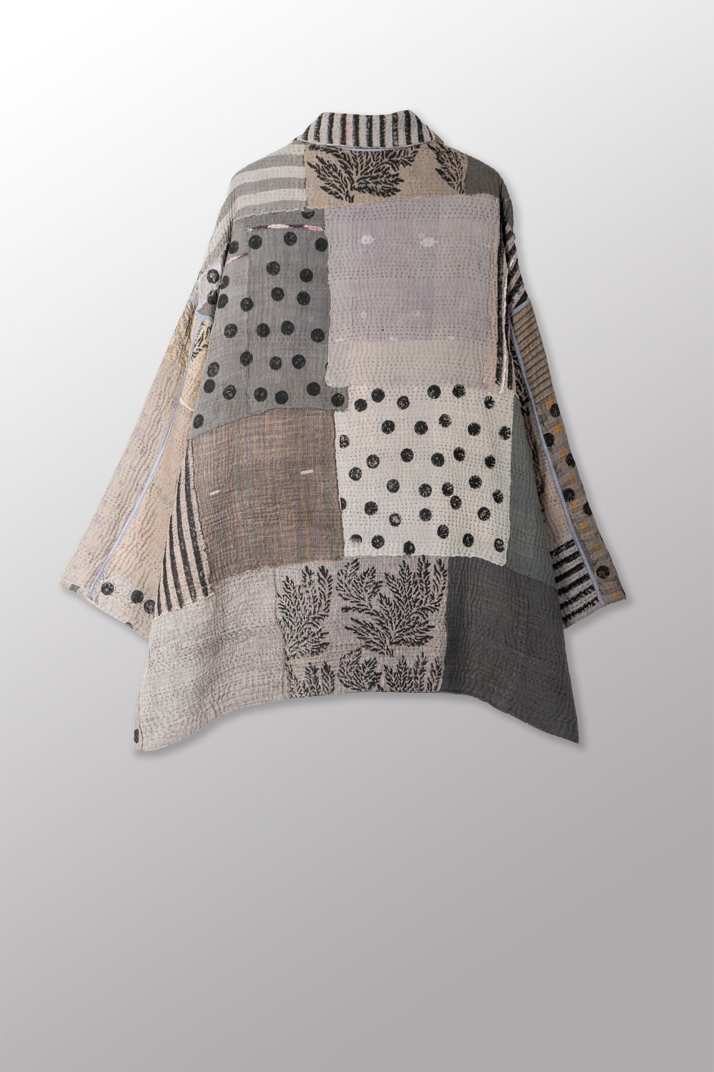 FRAYED PATCH KANTHA WITH STAMP OVERSIZED MINI COAT - sp-fi4332-gry -