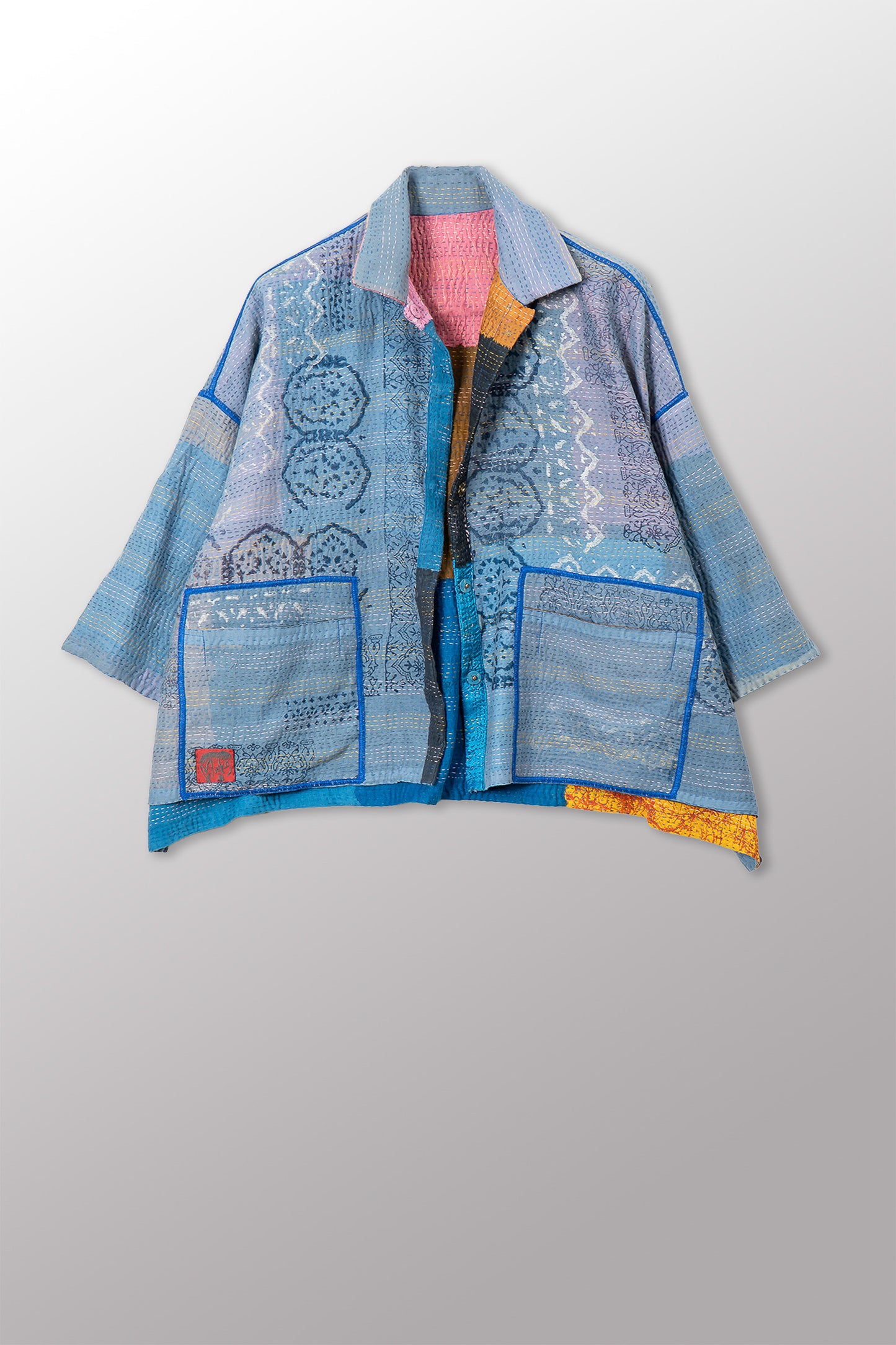 MOSAIC FRAY PATCH KANTHA CROPPED TENT SHIRT - zb2596-mlt -
