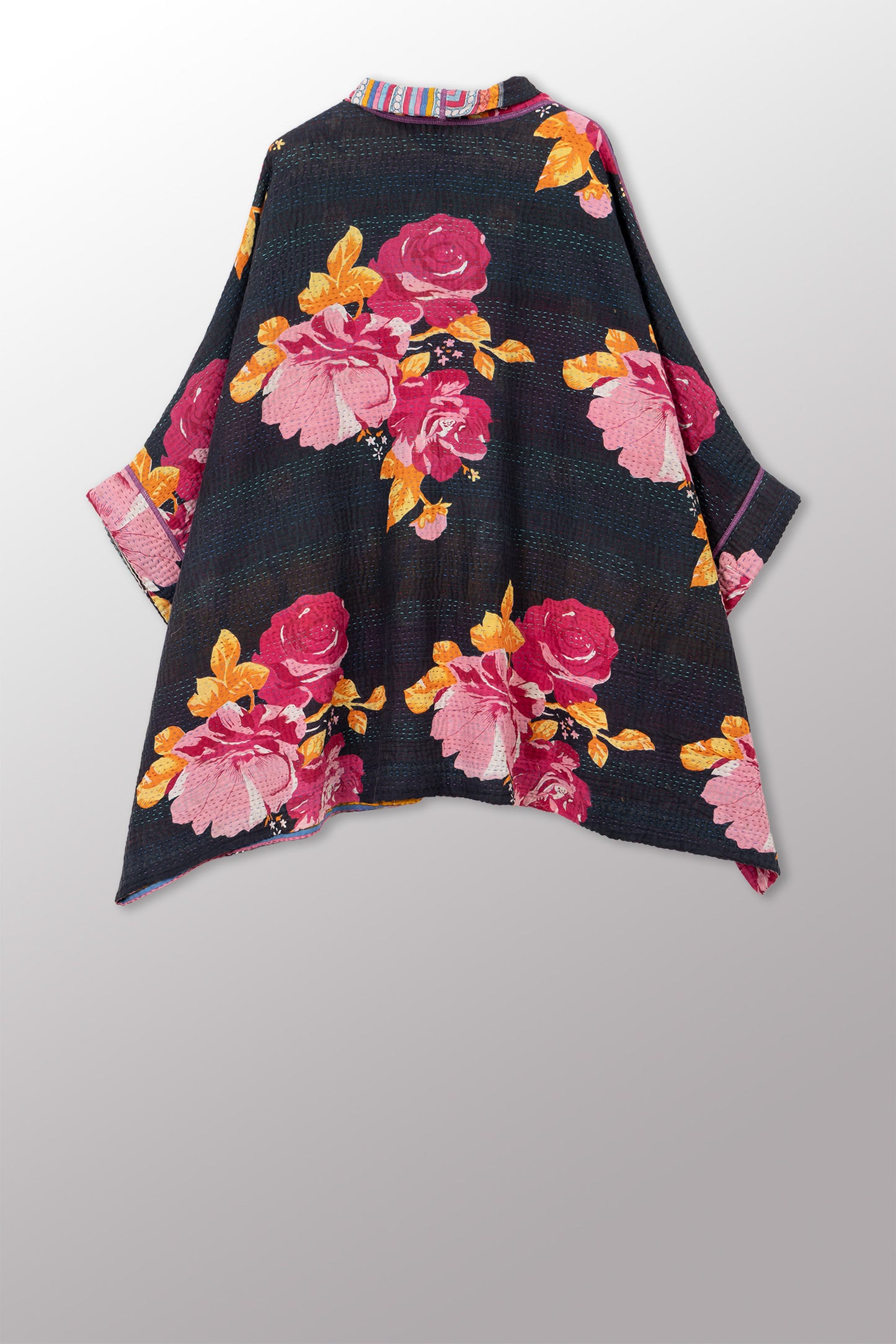 VINTAGE COTTON KANTHA DOUBLE COLLAR PONCHO - cv4323-0062a -