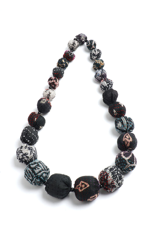 VINTAGE SILK KANTHA NUTS MEDIUM NECKLACE - sv2701-blk -