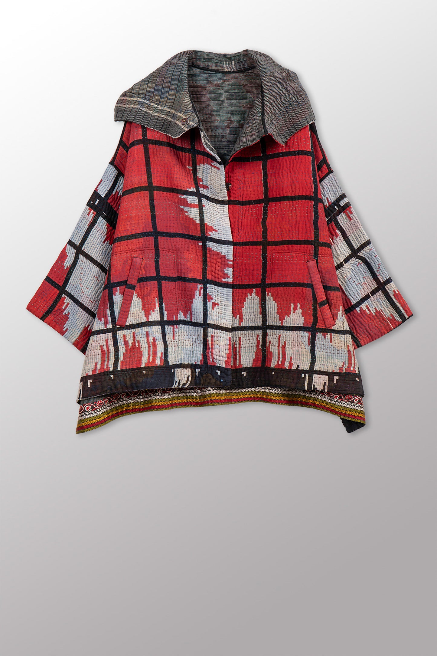 VINTAGE COTTON KANTHA HOODIE PONCHO - cv4064-0046a -