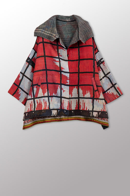VINTAGE COTTON KANTHA HOODIE PONCHO - cv4064-0046a -