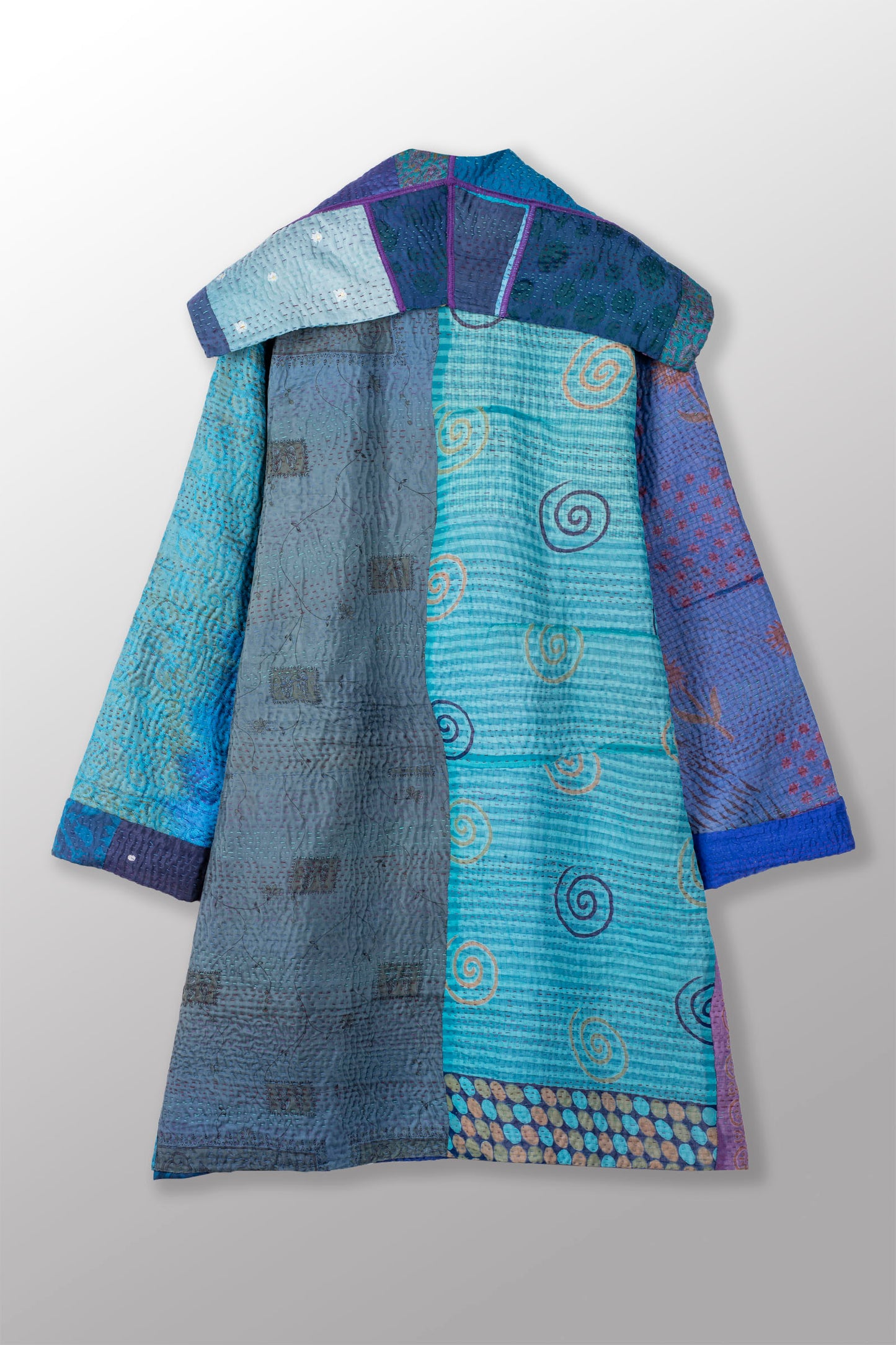 JACQUARD SILK KANTHA POCKET MEDIUM COAT - js4316-blu -