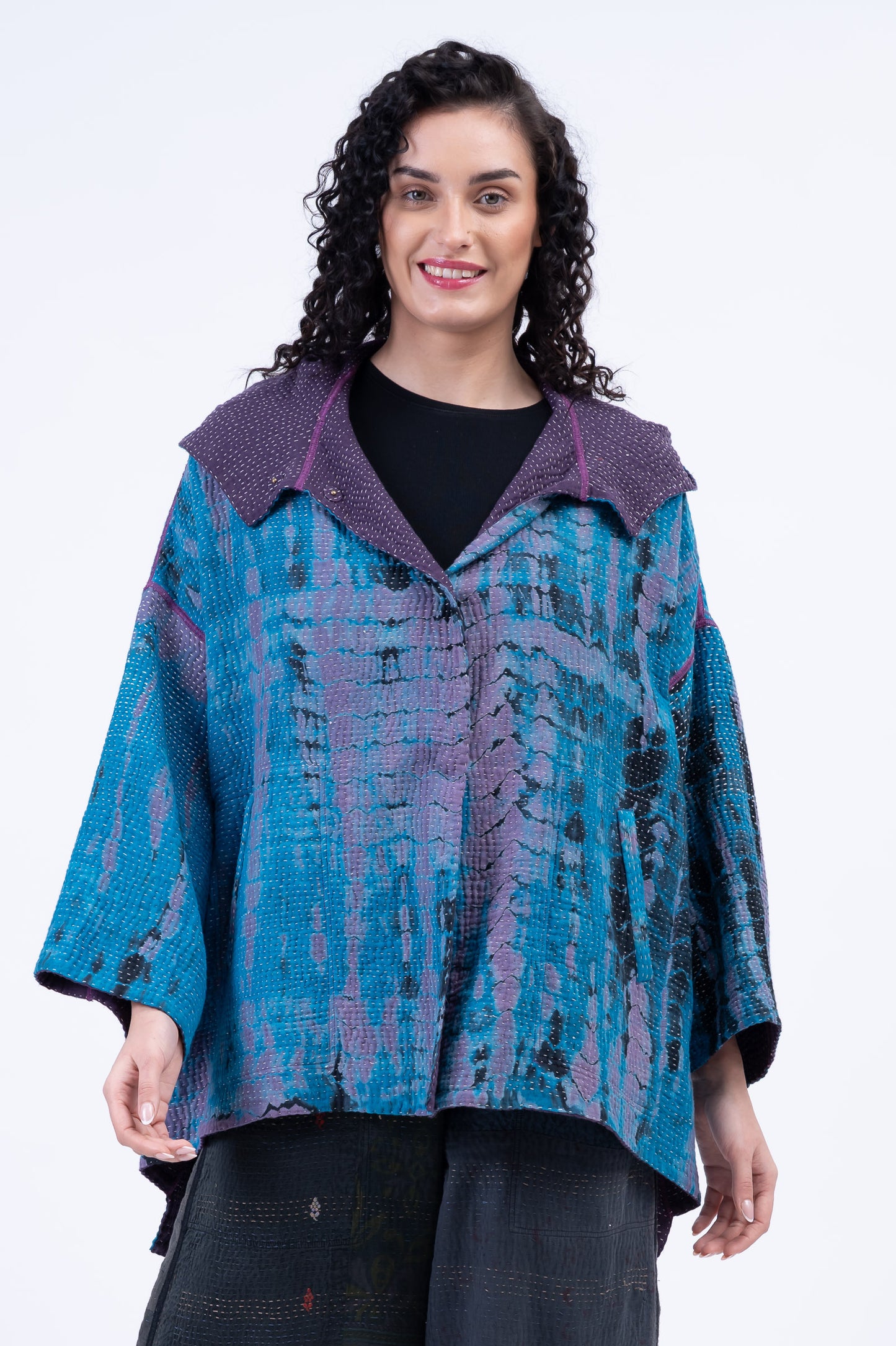 MONE SHIBORI TIE DYE KANTHA HOODIE PONCHO - ms5064-tuq -