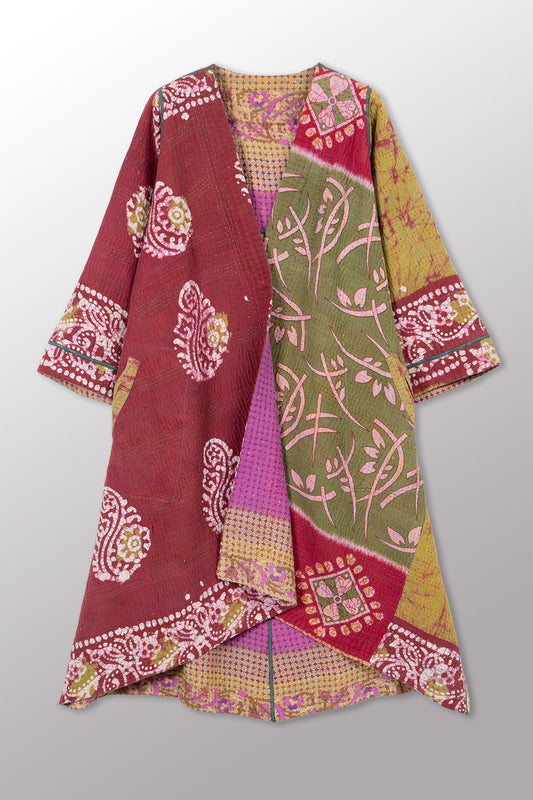 VINTAGE COTTON KANTHA WRAP FLARE COAT - cv4330-0033a -