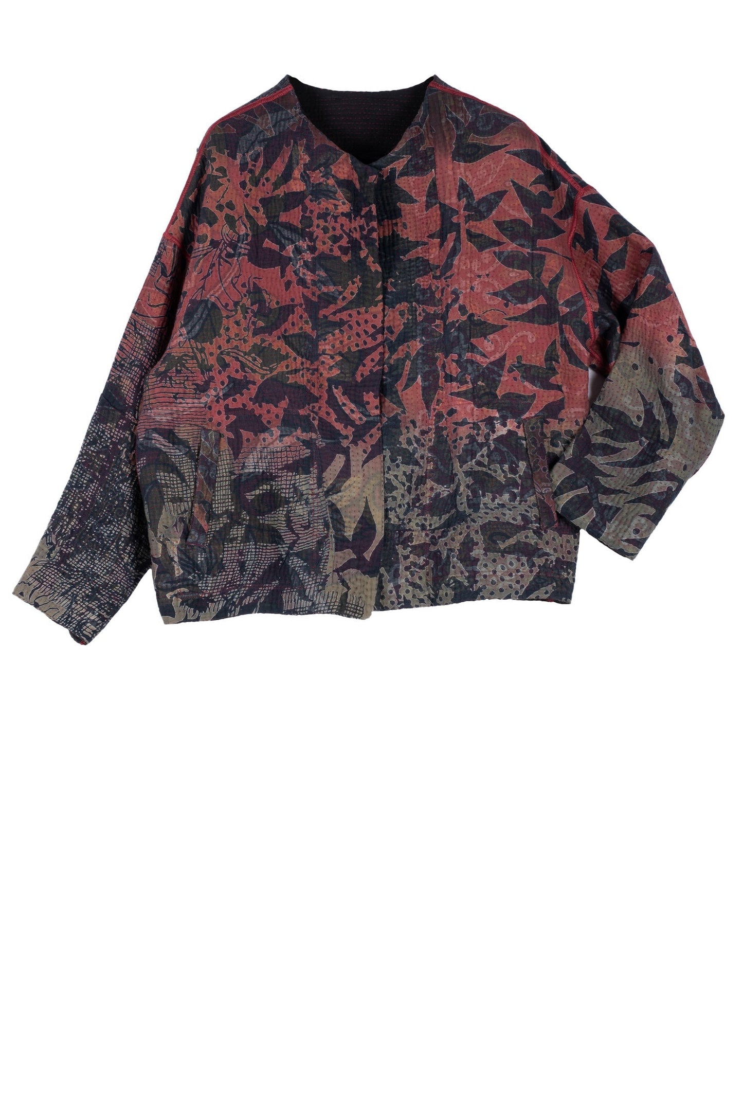 MONOTONE TWILIGHT PRINT KANTHA CREW NECK SHORT JKT - tp4053-red -