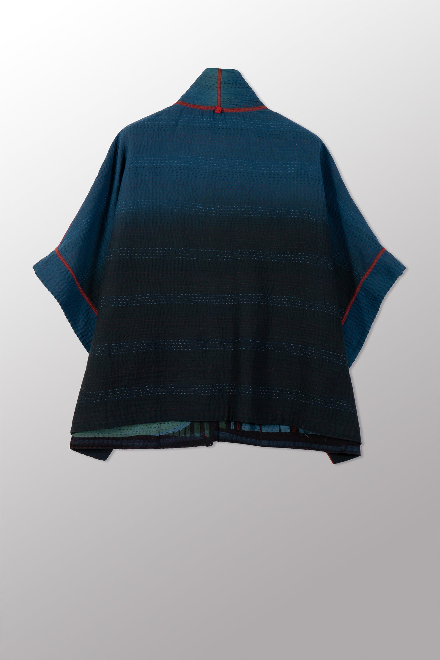 OVERDYED STRIPE AND BENDS KANTHA MINI PONCHO - sb4060-blu -