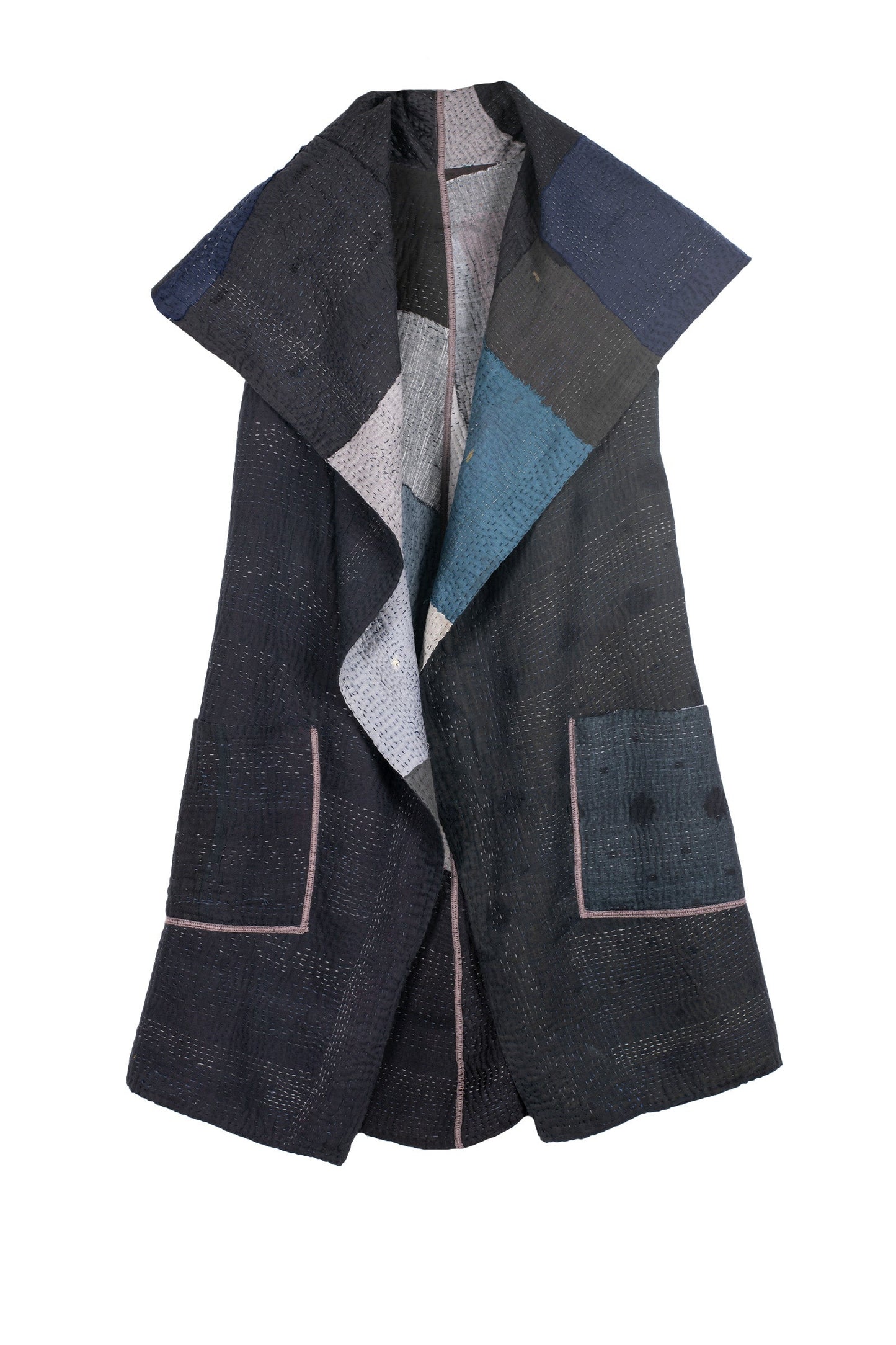 TWO TONE PATCH KANTHA CIRCULAR VEST - tn4201-blk -