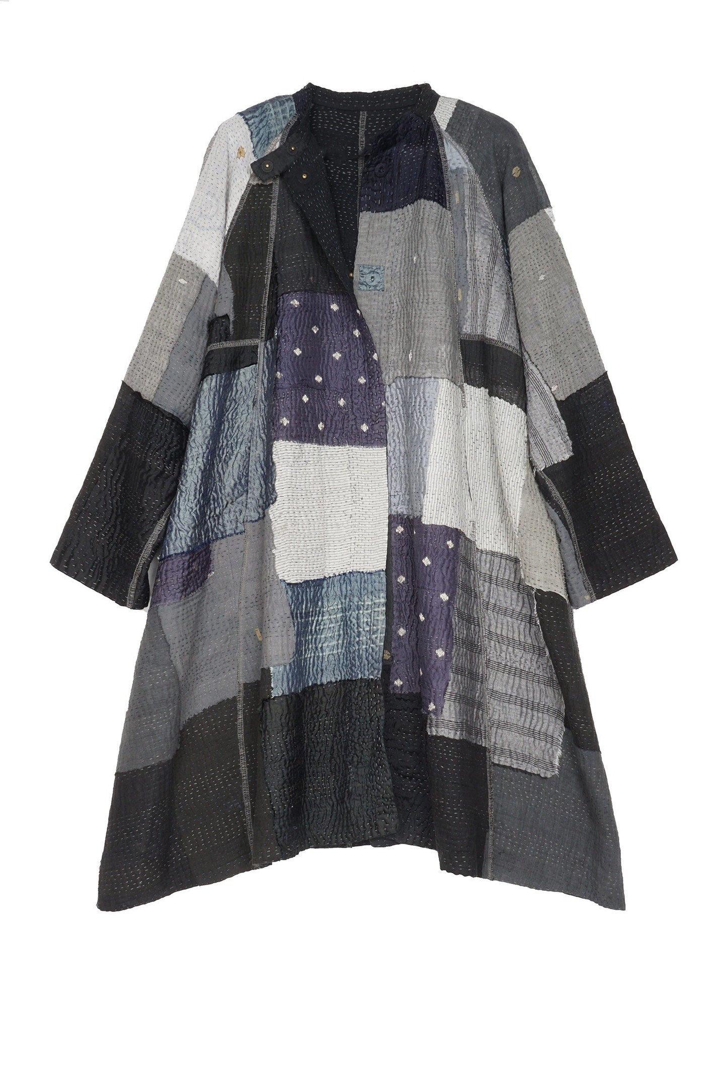 TWO TONE PATCH KANTHA BAND COLLAR DUSTER - tn4327-blk -