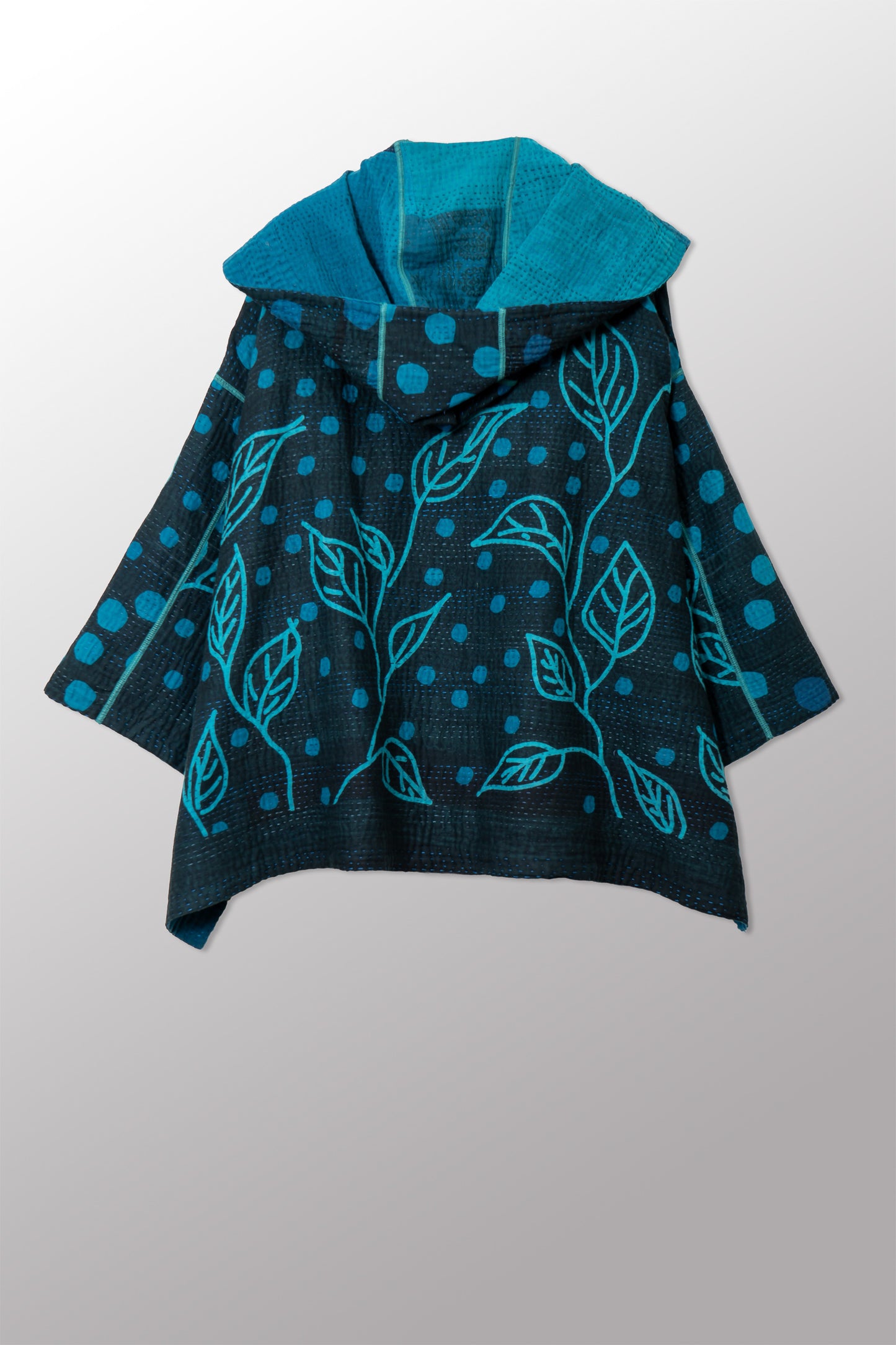 POLKA DOTS & LEAVES KANTHA HOODIE PONCHO - dl4064-tuq -