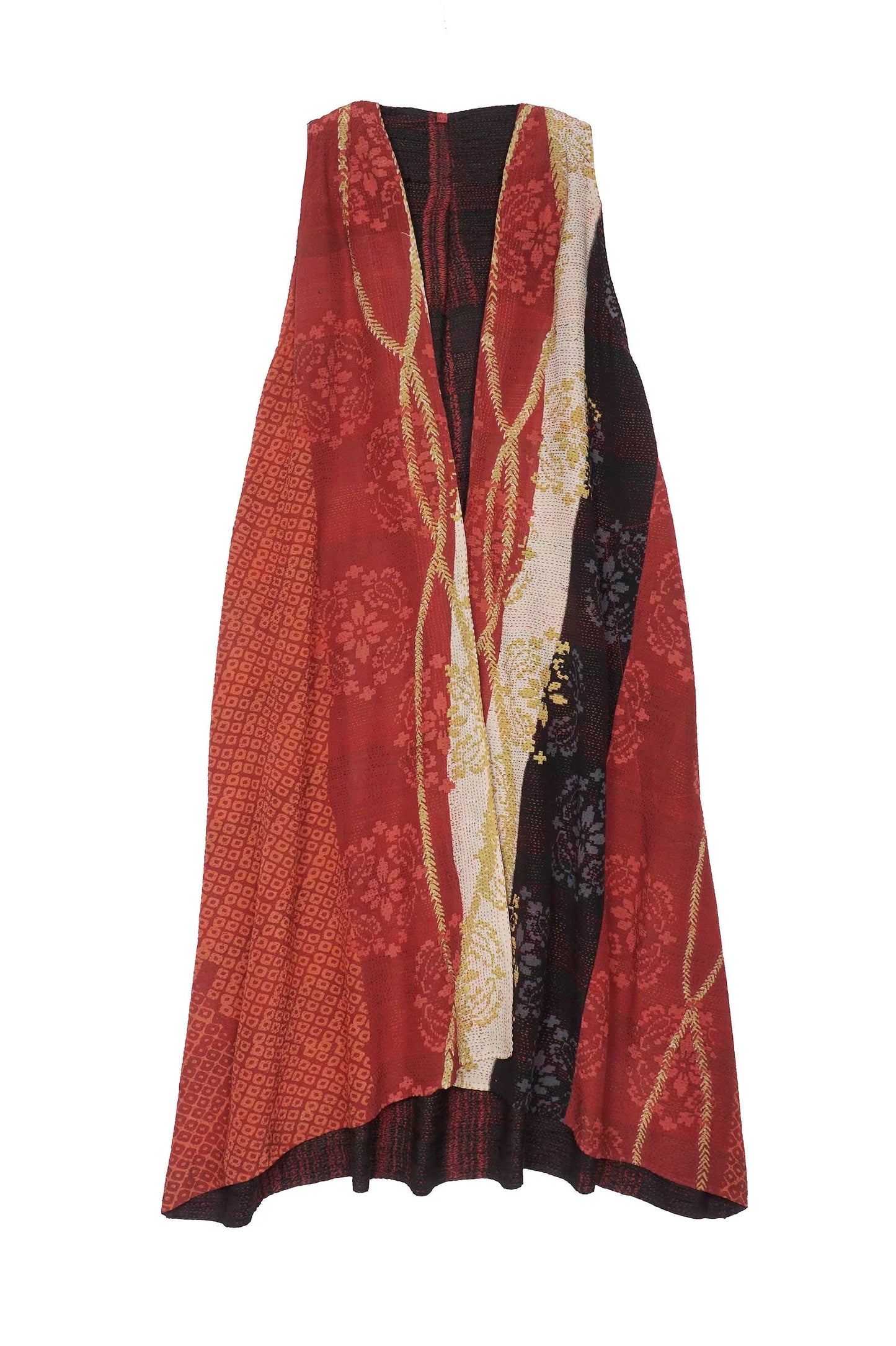 KIMONO PRINT KANTHA BACK PLEATED VEST MAXI - kp2222-red -