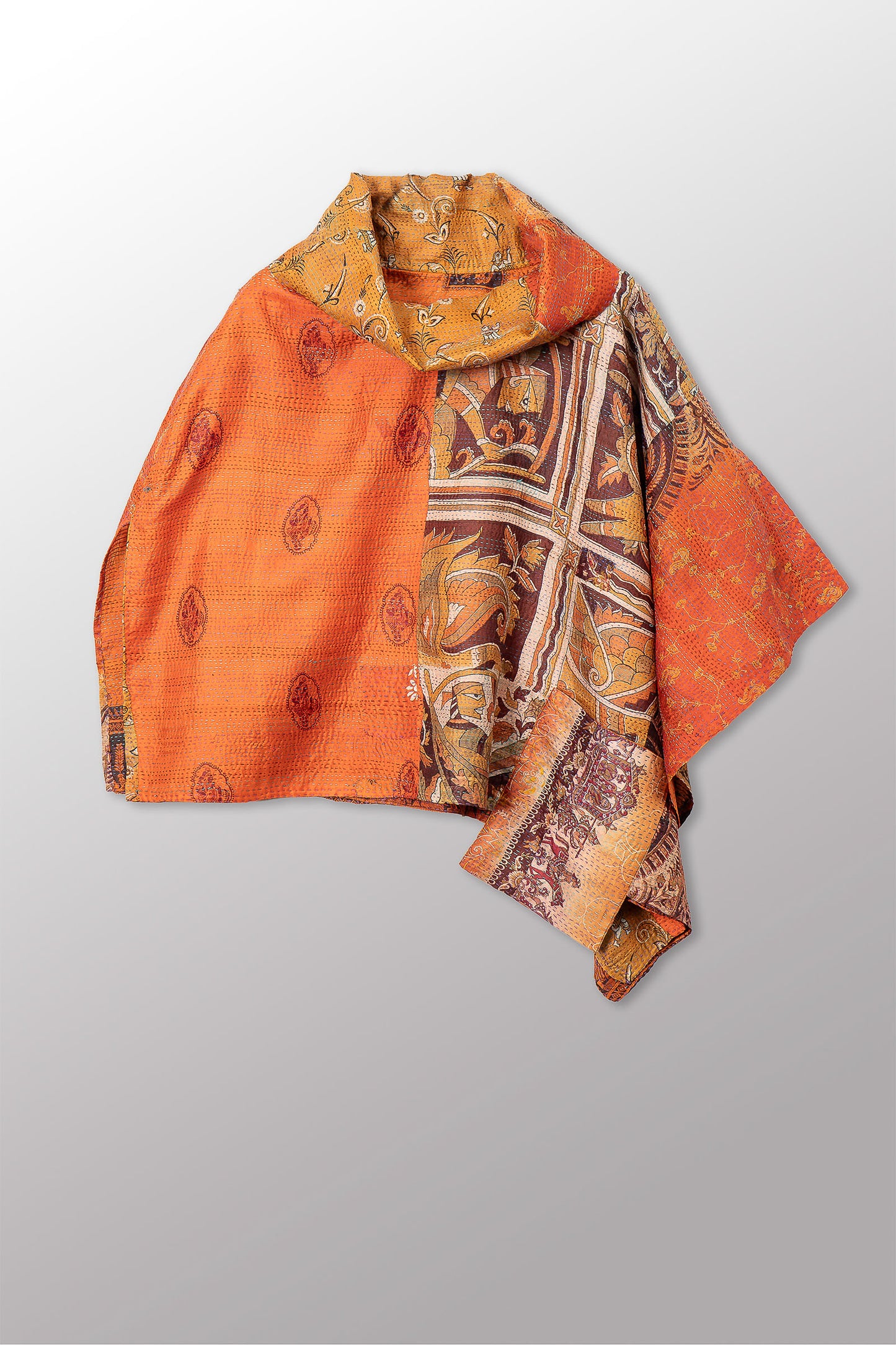 VINTAGE SILK KANTHA COWL NECK LONG CAPE - sv2842-0009a -