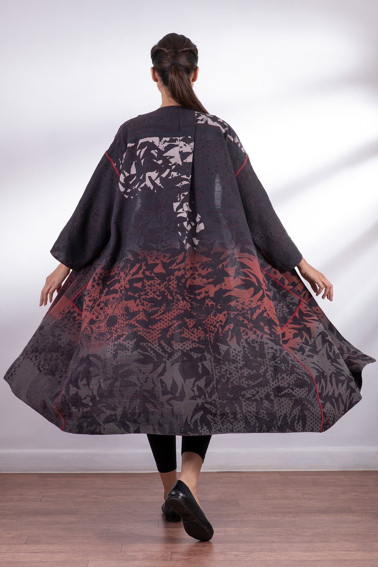 MONOTONE TWILIGHT PRINT KANTHA LONG DUSTER - tp2328-red -