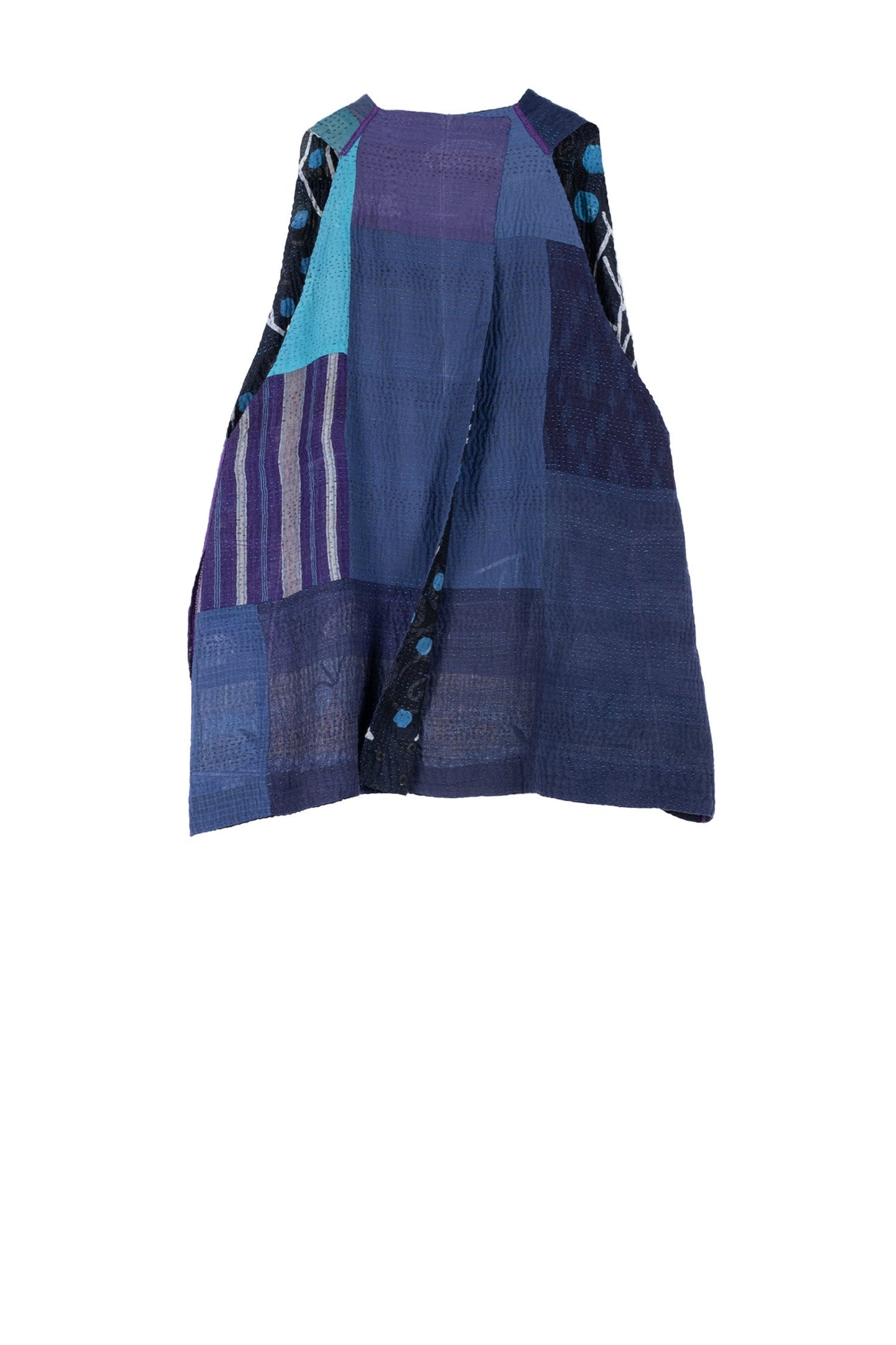 POLKA DOTS & LEAVES KANTHA BACK PLEATED VEST SHORT - dl4223-blu -