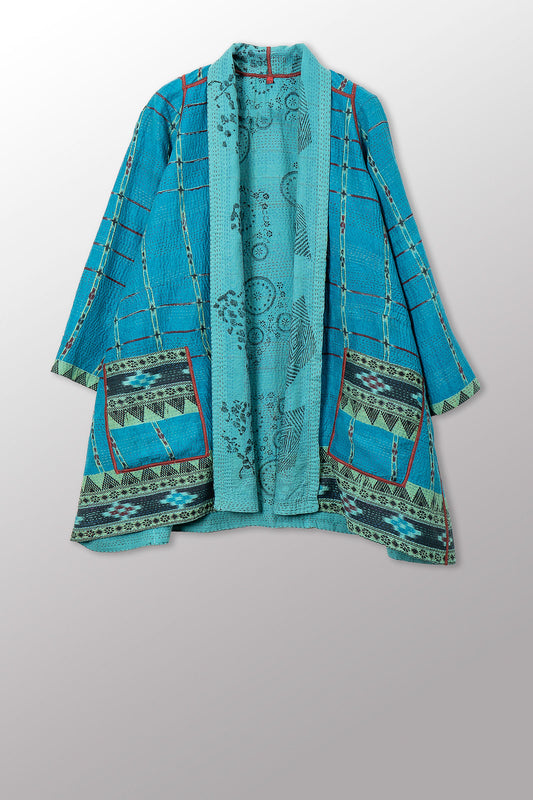 VINTAGE COTTON & NEW VOILE KANTHA A-LINE JKT - cn2003-0008a -