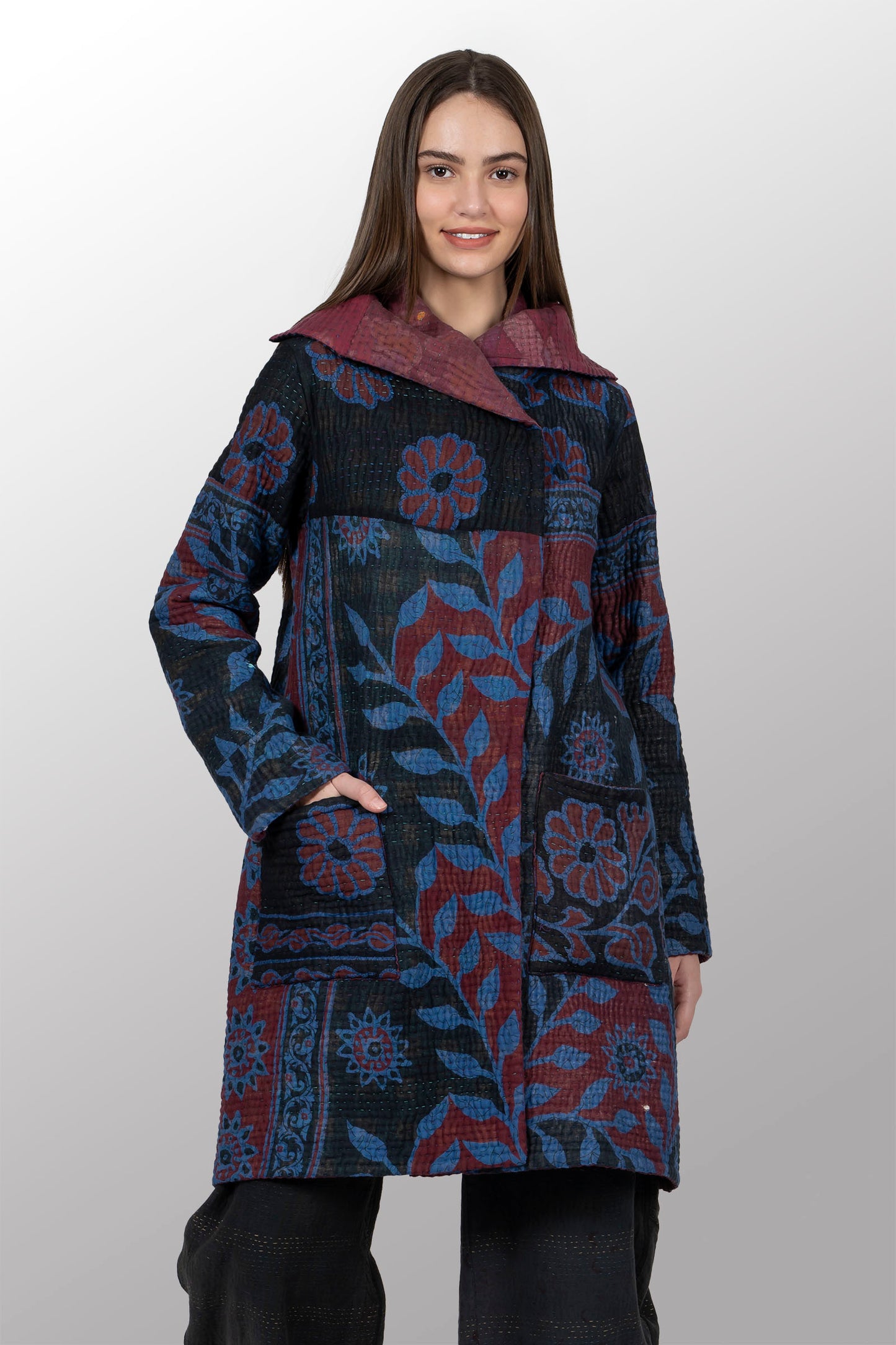 QUILTED OVERDYE COTTON KANTHA POCKET MEDIUM COAT - oq5316-cblu005a -