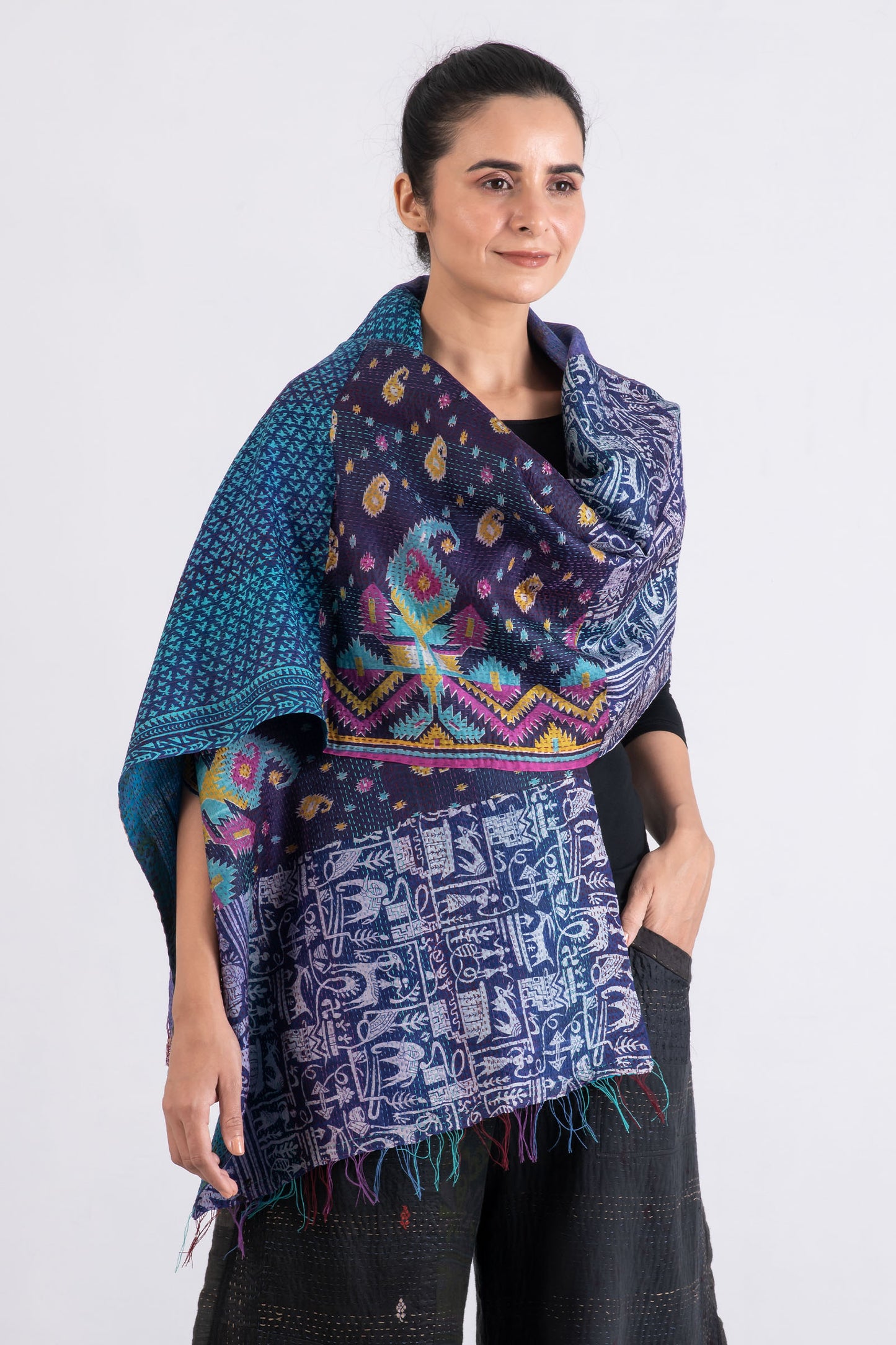 VINTAGE SILK KANTHA SCARF STANDARD - sv2801-mlt -