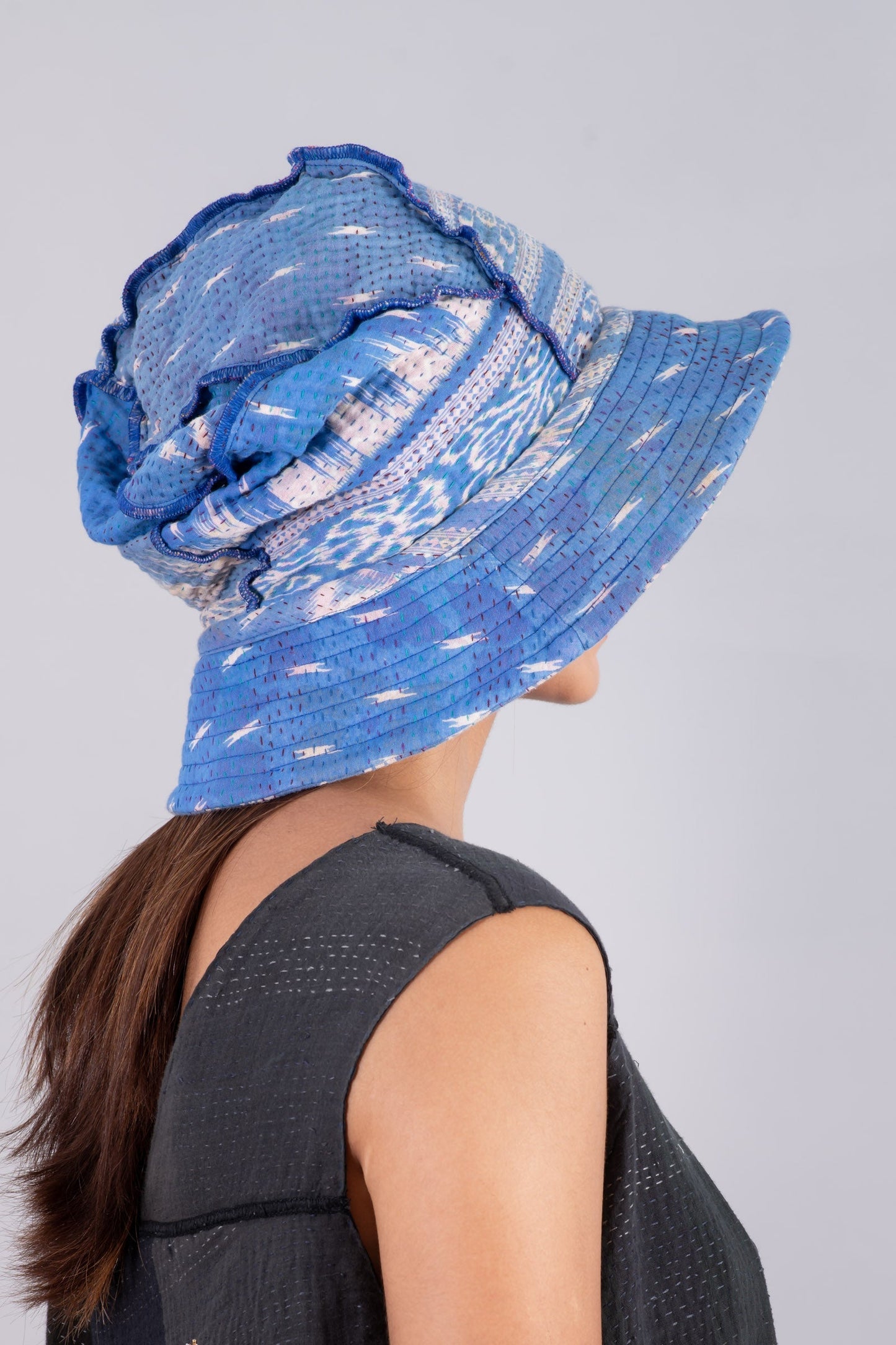 VINTAGE COTTON KANTHA FULL BRIM HAT - cv4889-blu -