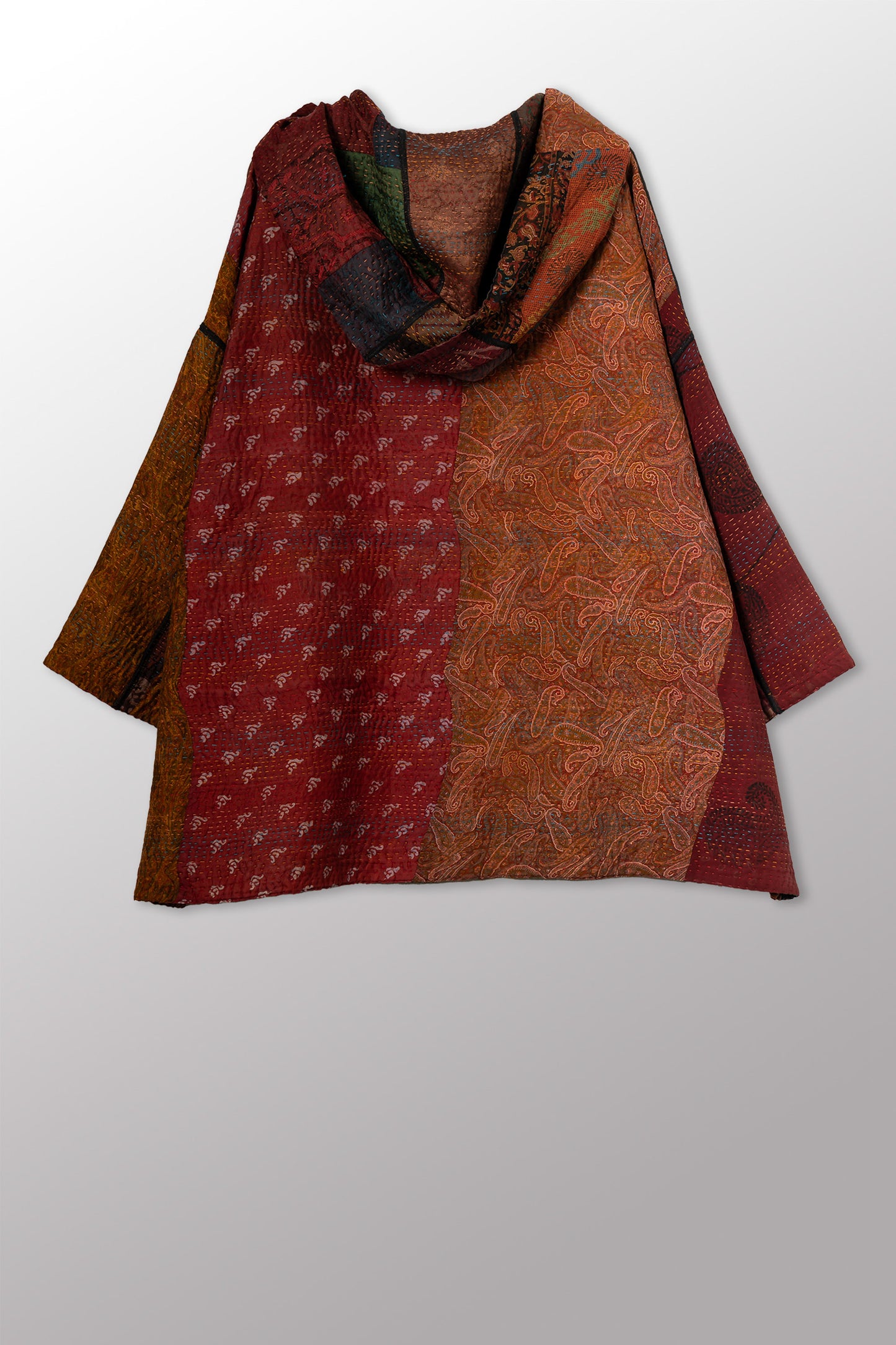 JACQUARD SILK KANTHA HOODIE PONCHO - js4064-cbrn001a -