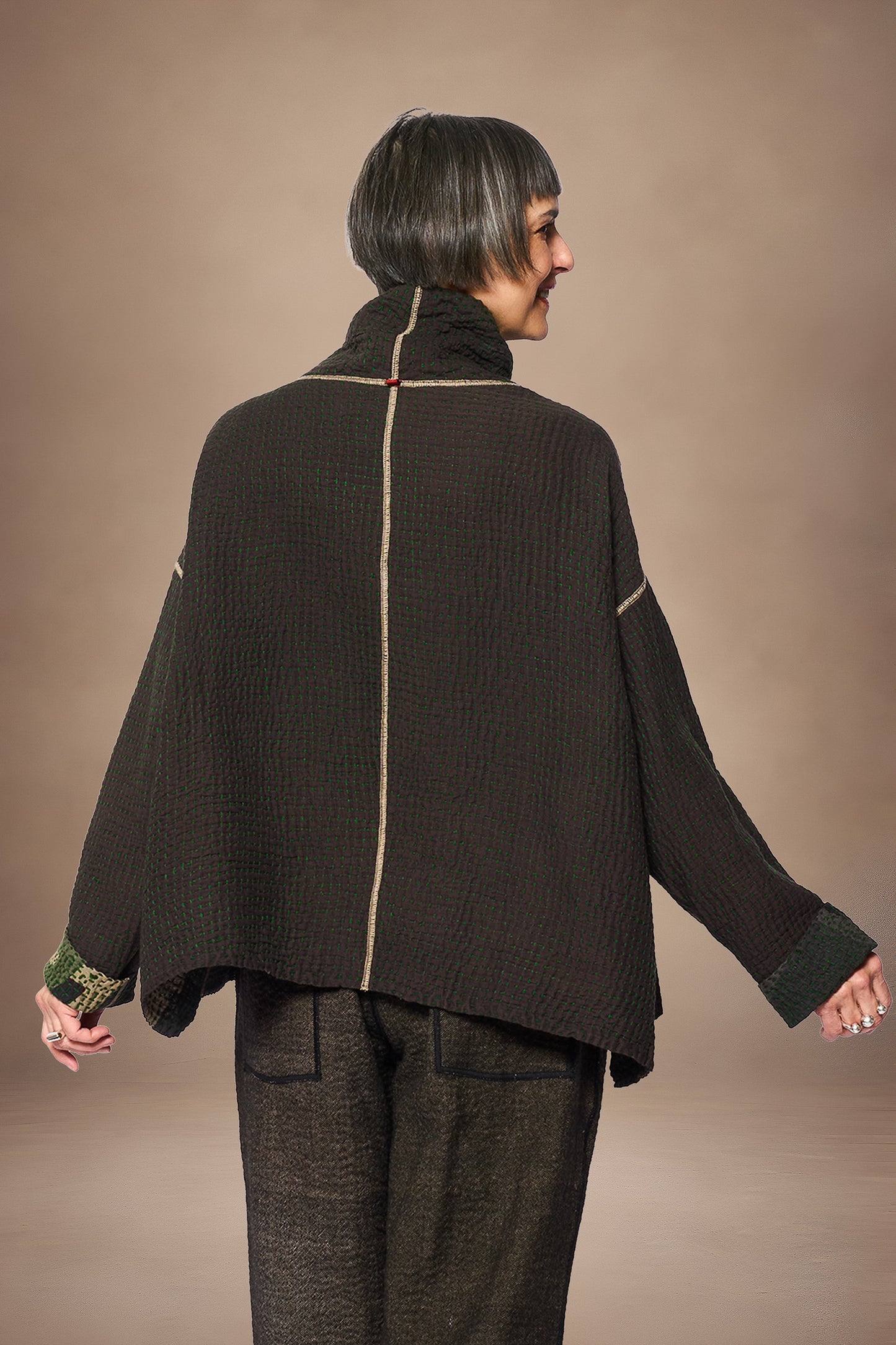 ABSTRACT WAFFLE KANTHA FUNNEL NECK PULLOVER - bw3t106-grn -