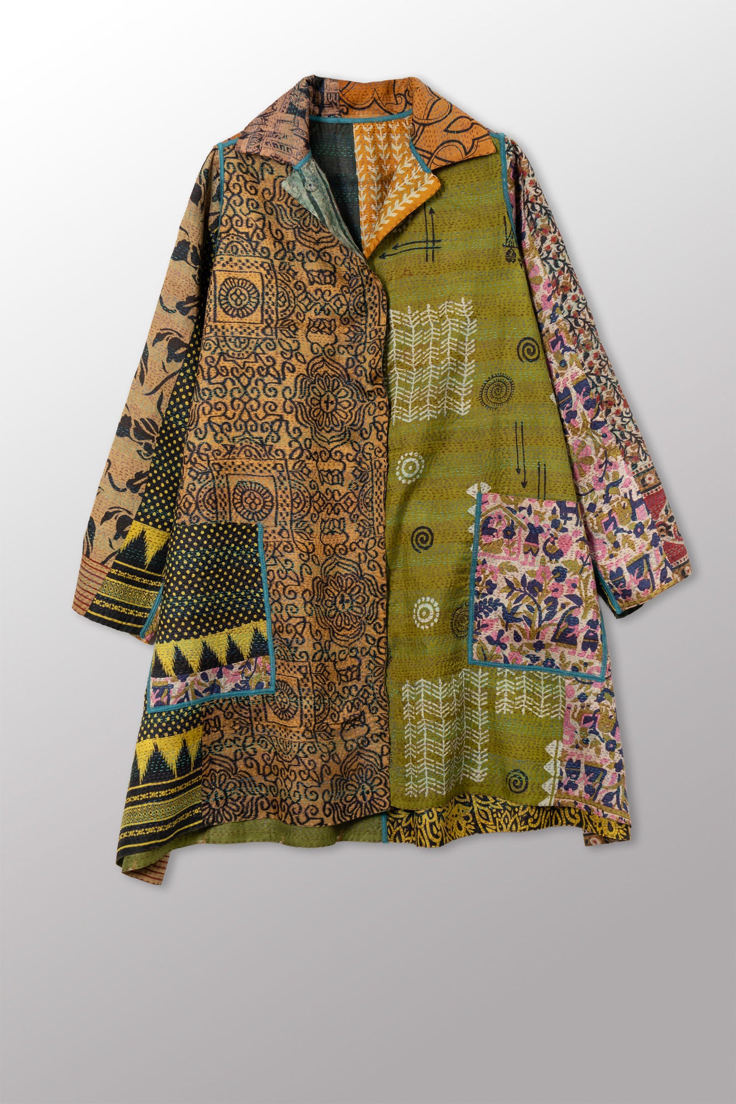 VINTAGE SILK KANTHA A-LINE DUSTER - sv2311-0017a -