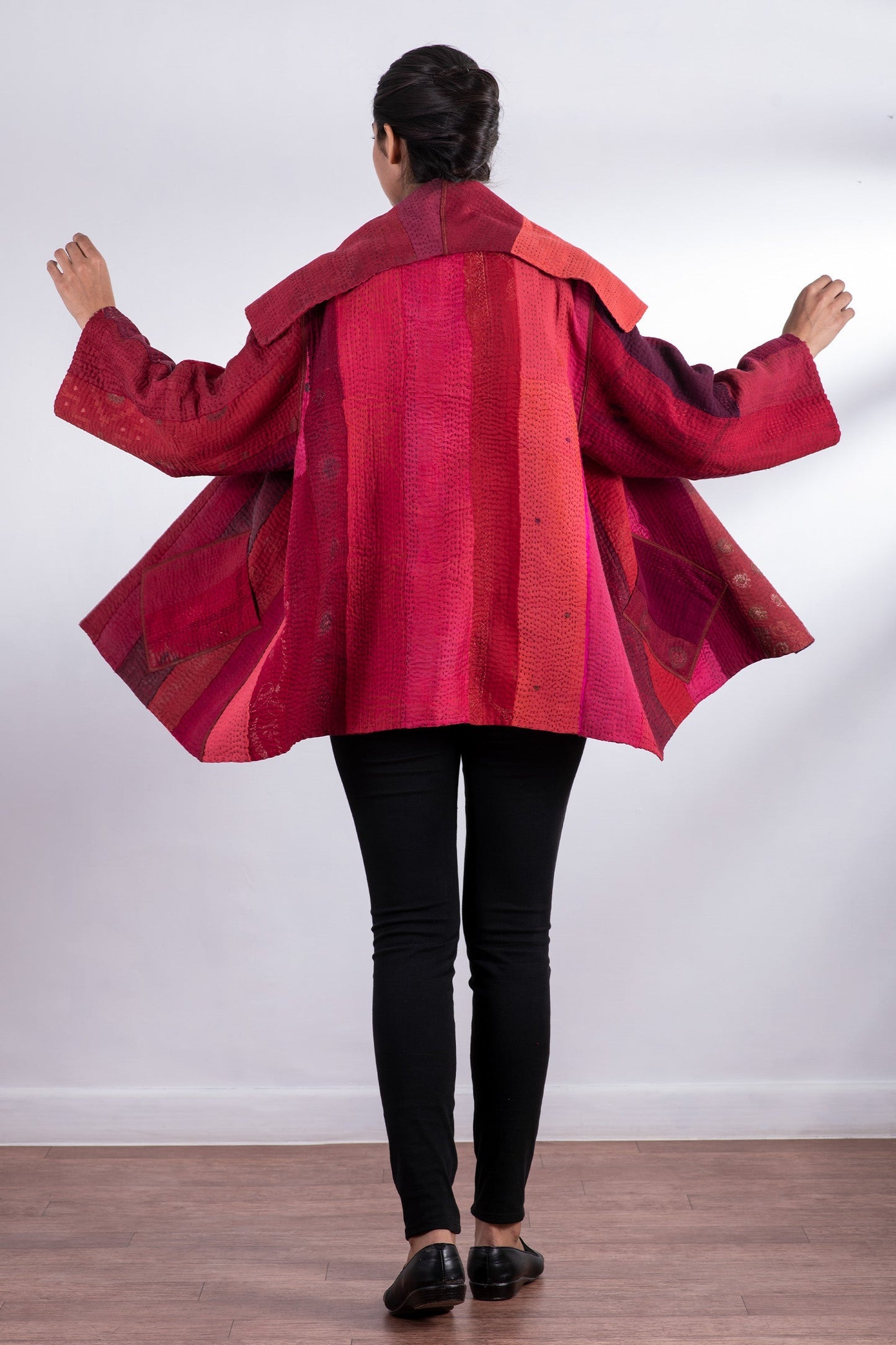 STRIPE AND CHECK COTTON SILK PATCH KANTHA  FLARE JACKET - ss4010-red -