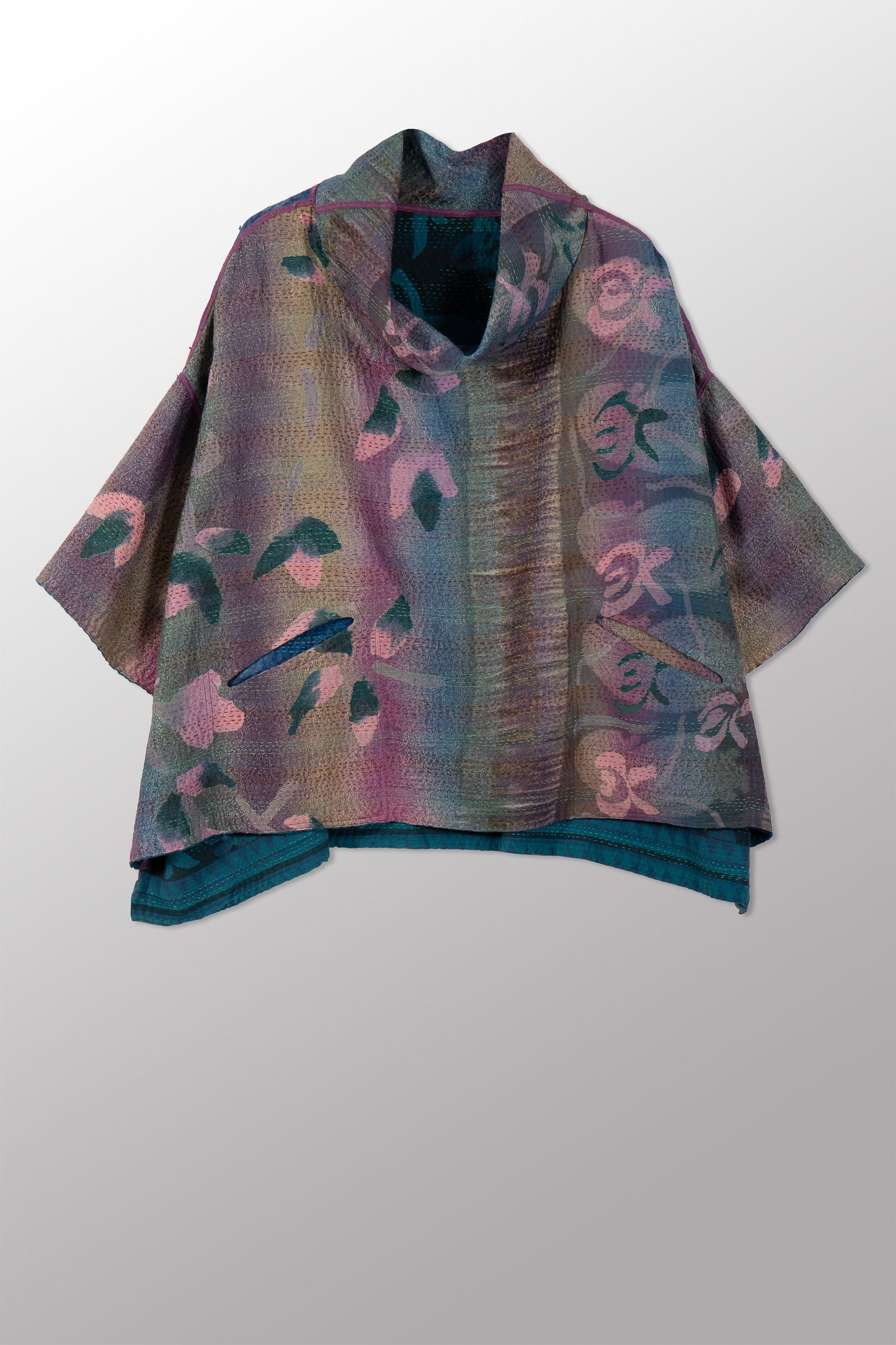 VINTAGE SILK GEORGETTE COTTON KANTHA COWL NECK PONCHO - gc2061-0002a -