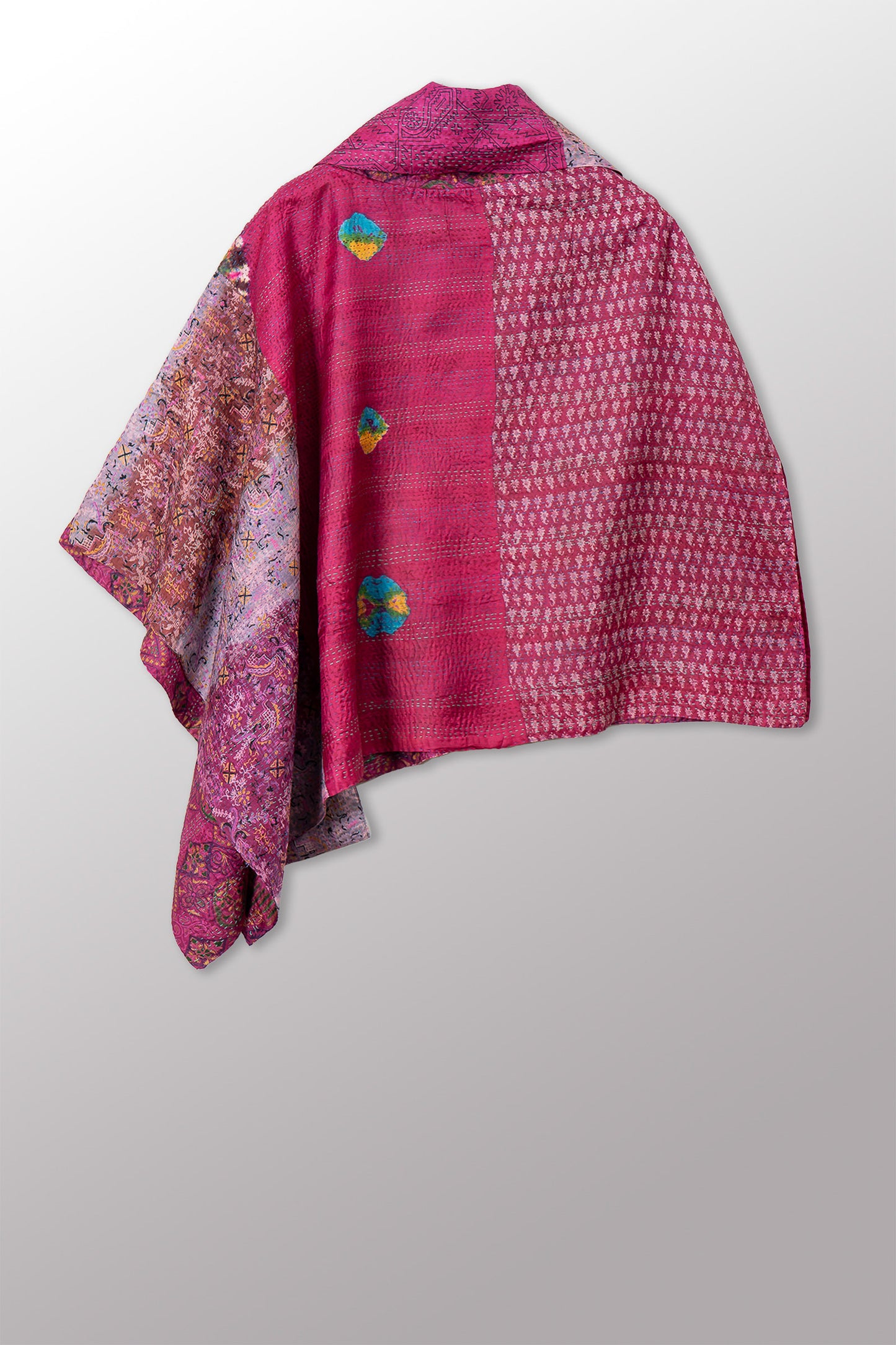 VINTAGE SILK KANTHA COWL NECK LONG CAPE - sv2842-0025a -