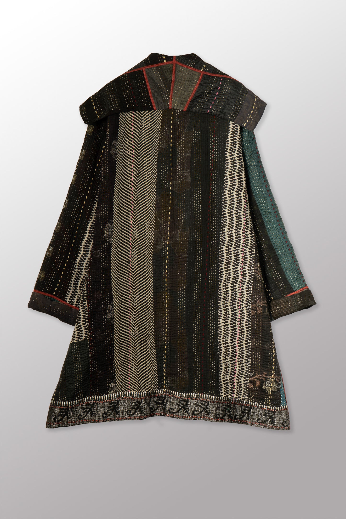 STRIPE RALLIS KANTHA POCKET MEDIUM COAT - pr4316-blk -