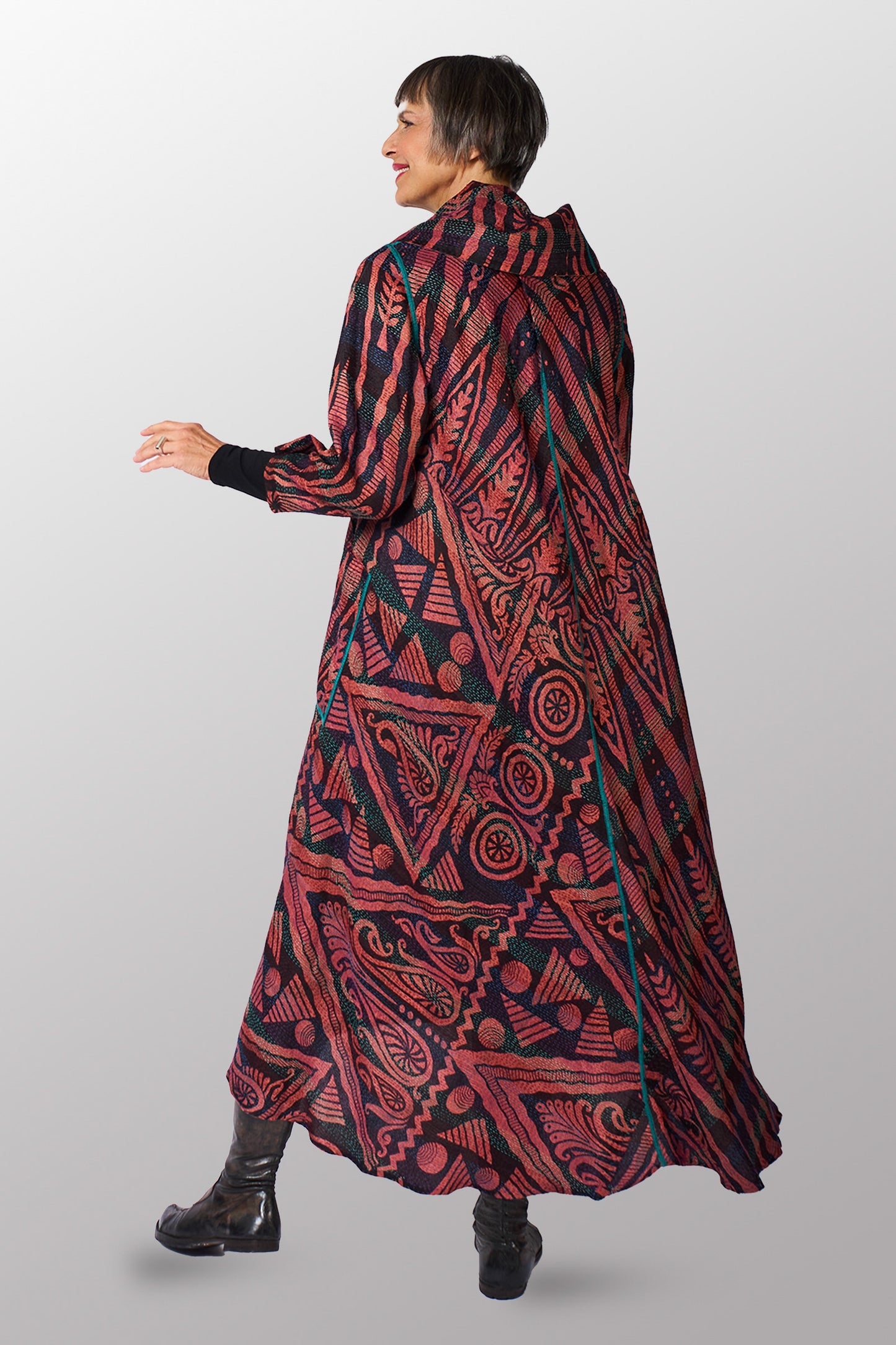 VINTAGE SILK GEORGETTE KANTHA COWL NECK LONG SLEEVE DRESS - sg2450-0006s -