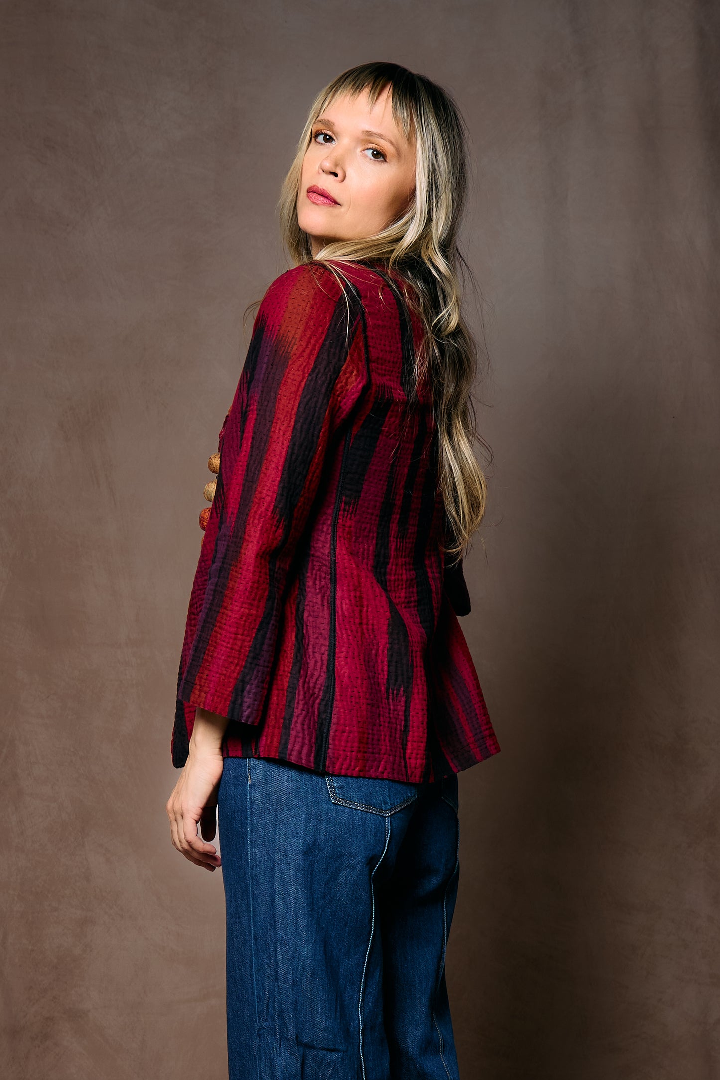 IKAT STRIPE KANTHA SHORT JACKET - is4007-drd -