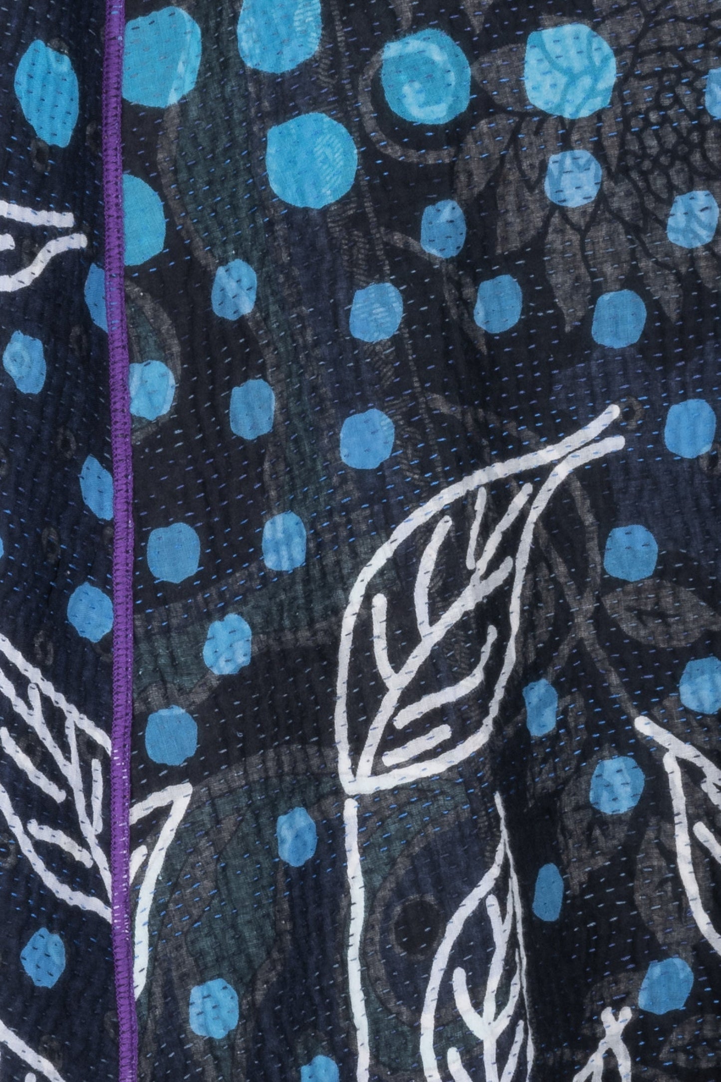 POLKA DOTS & LEAVES KANTHA FUNNEL COLLAR COAT - dl4312-blu -