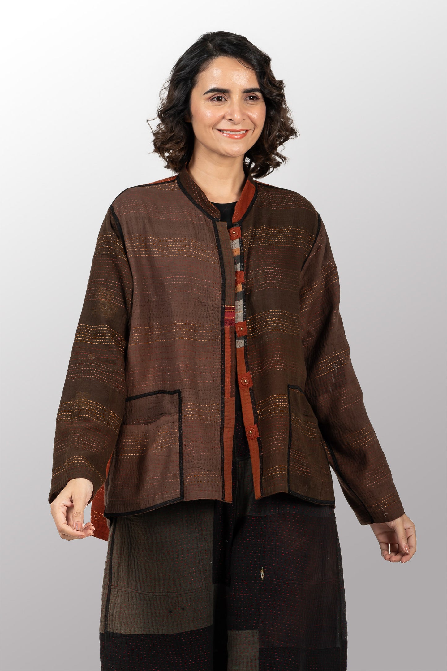 BROCADE PATCHED KANTHA KAFTAN JACKET SHORT - bp2088-brn -