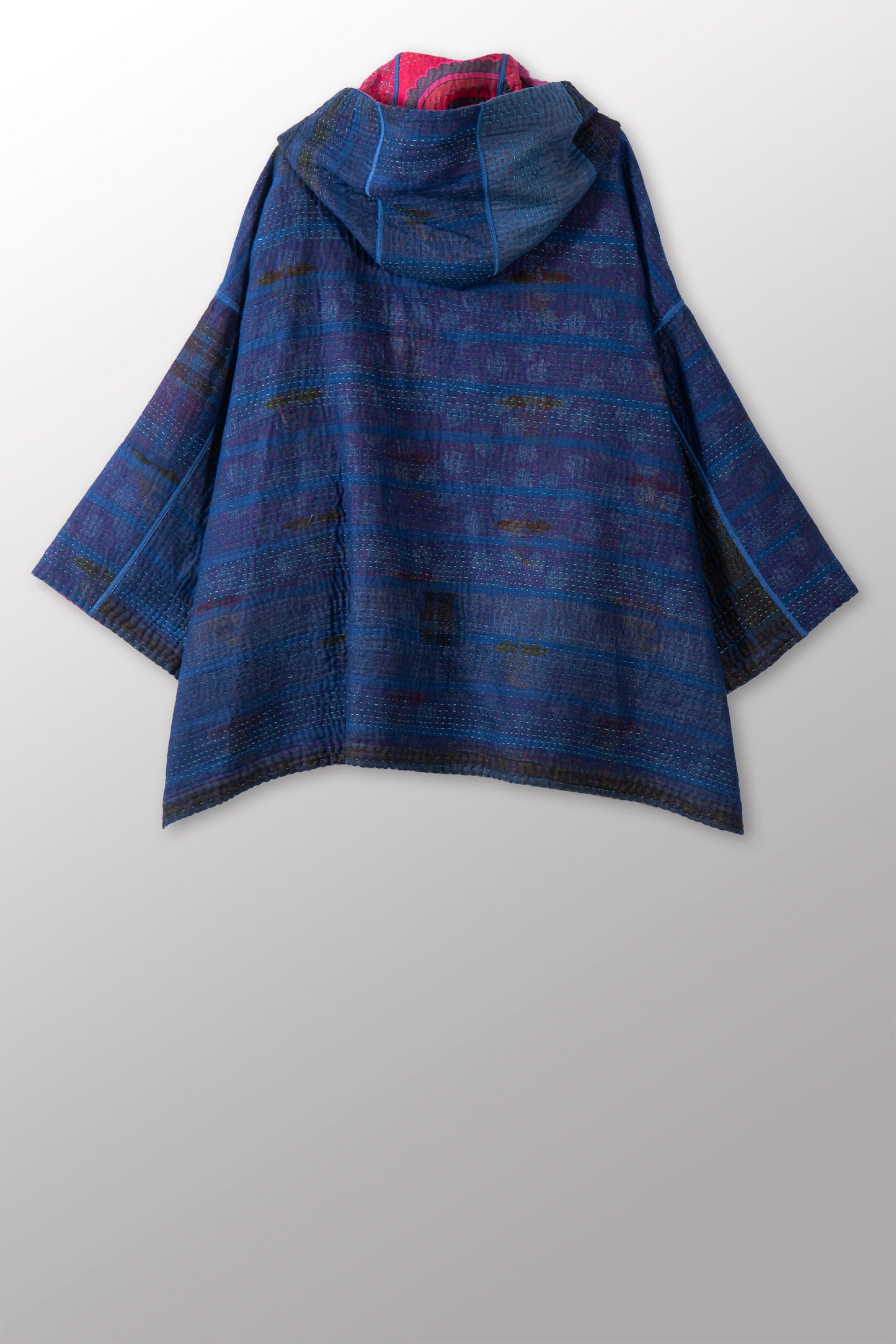 COTTON OVERDYE KANTHA HOODIE PONCHO - ov4064-cblu007a -