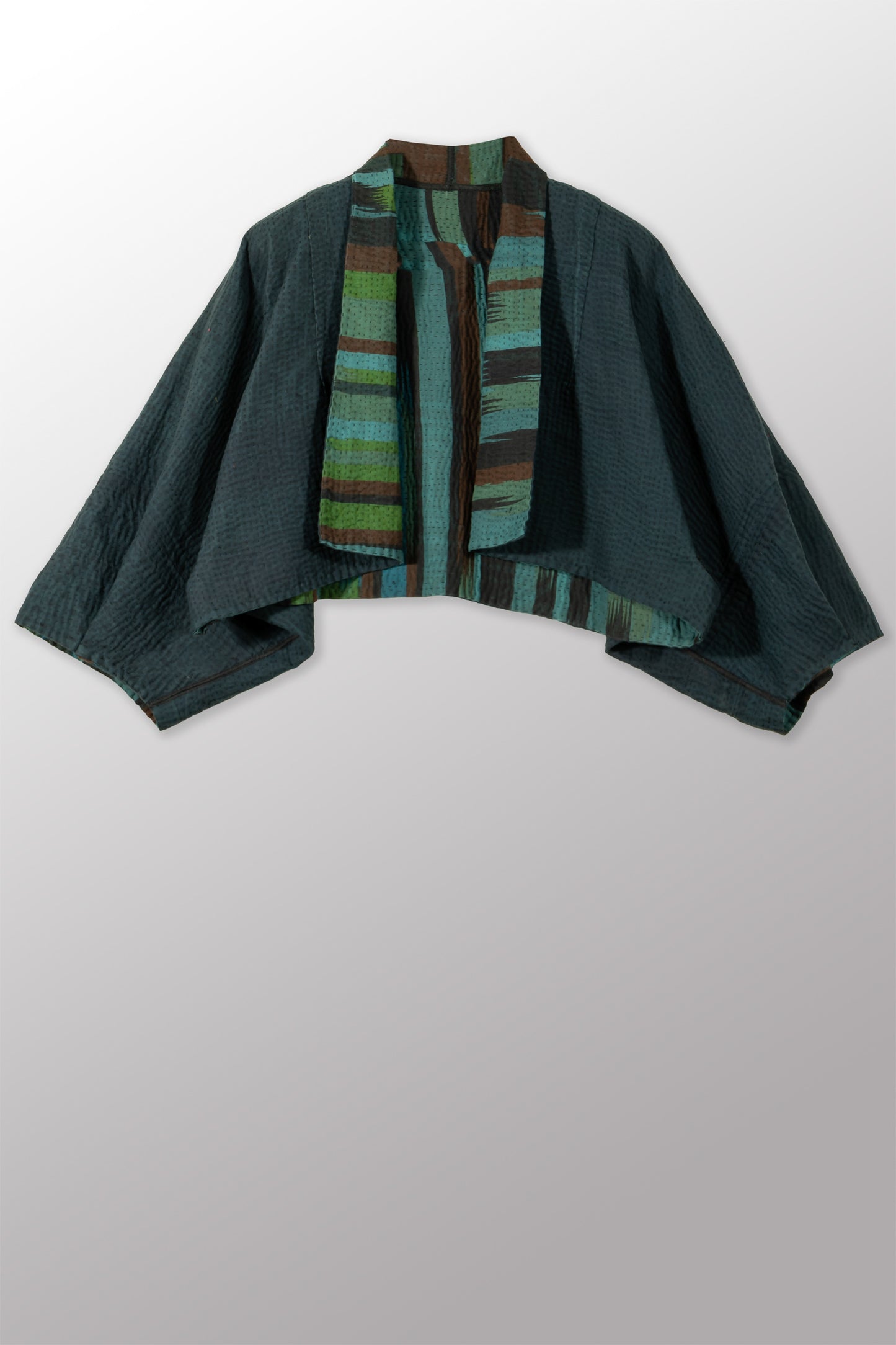 STRIPE AND BENDS KANTHA PUFF SLV. SHRUG - sb4062-blu -