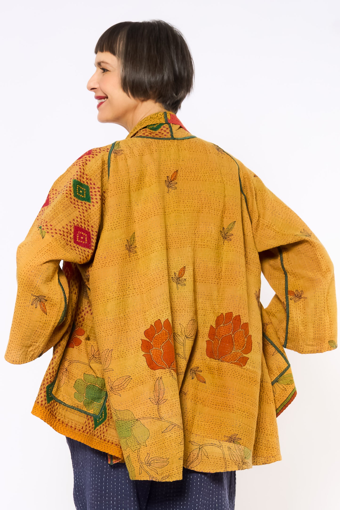 COTTON OVERDYE KANTHA KIMONO JACKET - ov2004-cylw001a -