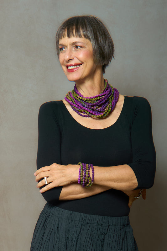 VINTAGE SILK KANTHA 5 STRAND NECKLACE - sv2730-prp -