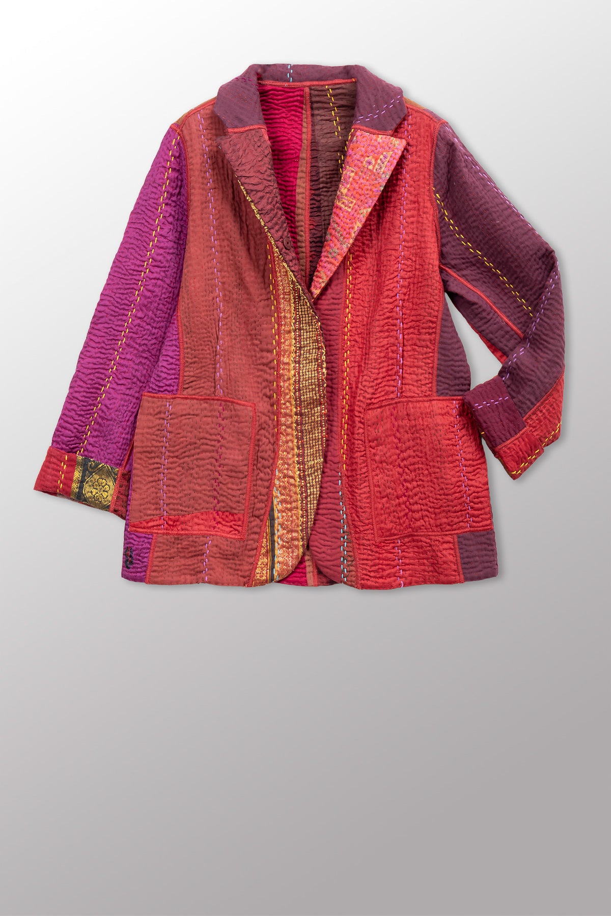 JEWEL WOVEN WITH VERTICAL PATCH KANTHA BASIC JACKET - jv4052-red -