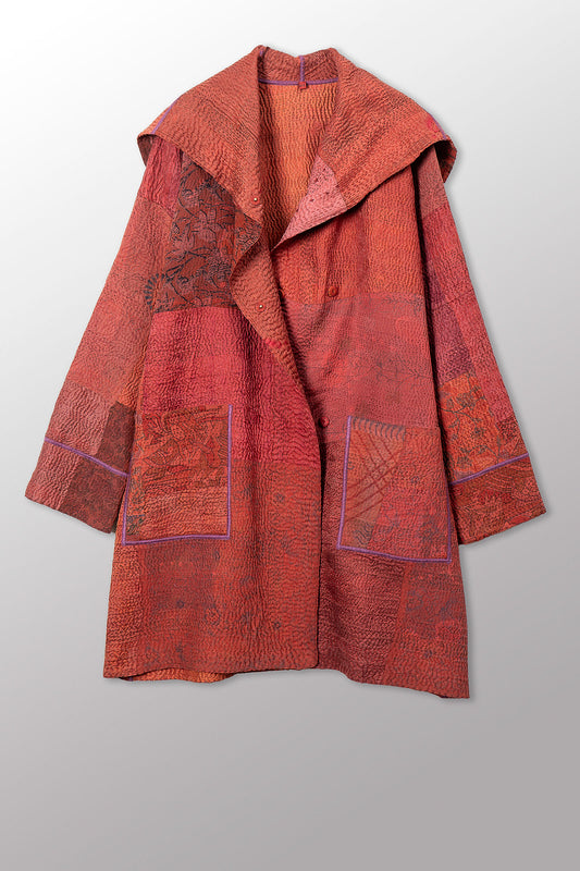 GEORGETTE JACQUARD VINTAGE SILK PATCH KANTHA POCKET MEDIUM COAT - gj4316-org -
