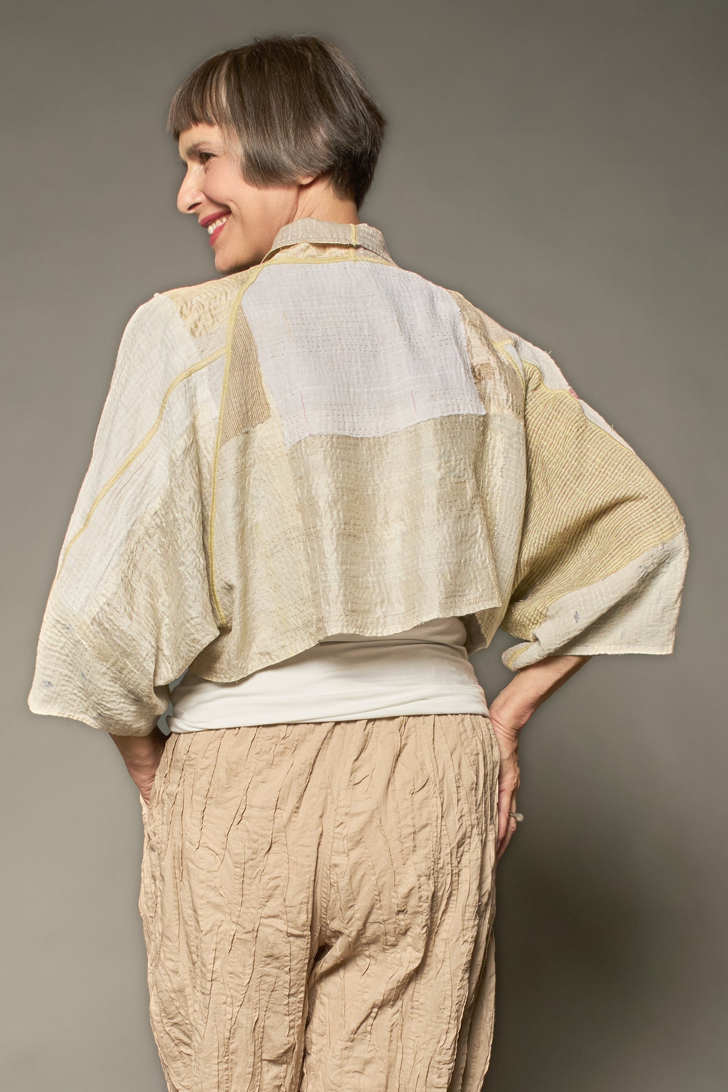MOSAIC FRAY PATCH KANTHA PUFF SLV. SHRUG - zb2062-ivy -