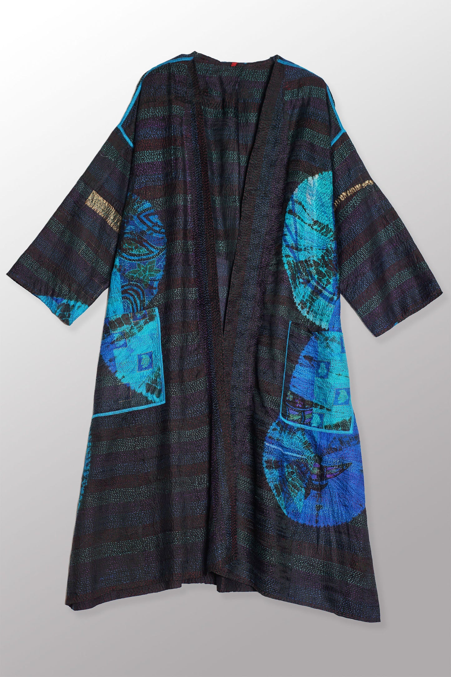 TIE DYE CIRCLE SHIBORI KANTHA LONG DUSTER - td2328-blu -