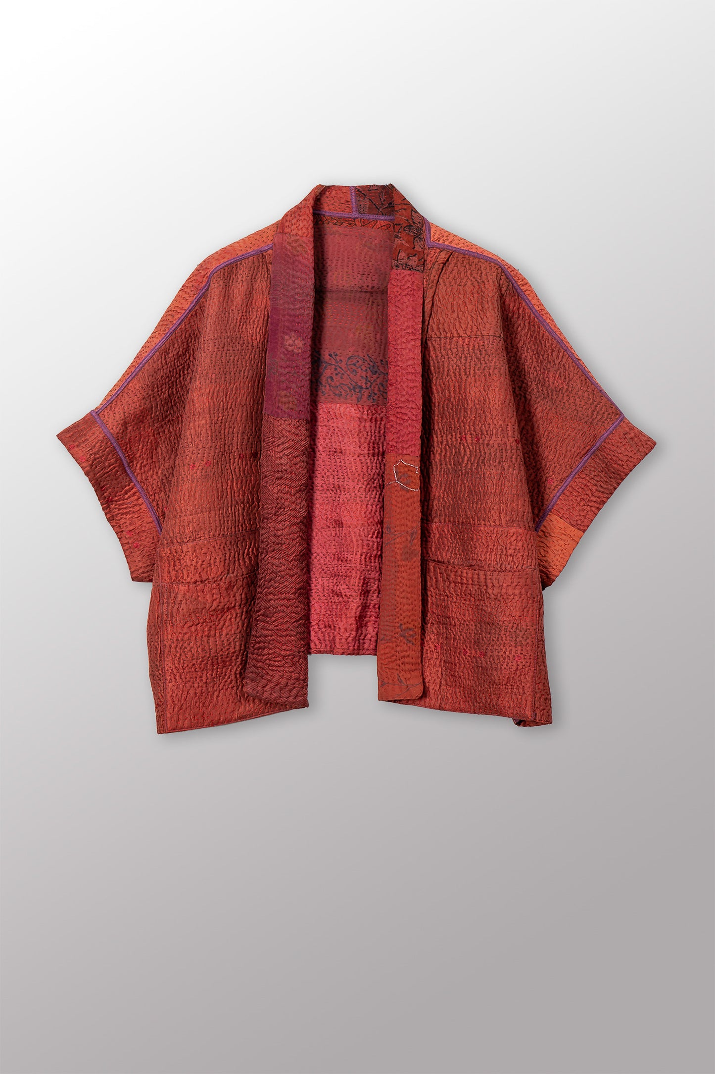 GEORGETTE JACQUARD VINTAGE SILK PATCH KANTHA MINI PONCHO - gj4060-org -