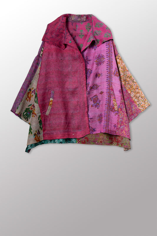 VINTAGE SILK KANTHA HOODIE PONCHO - sv2064-0003a -