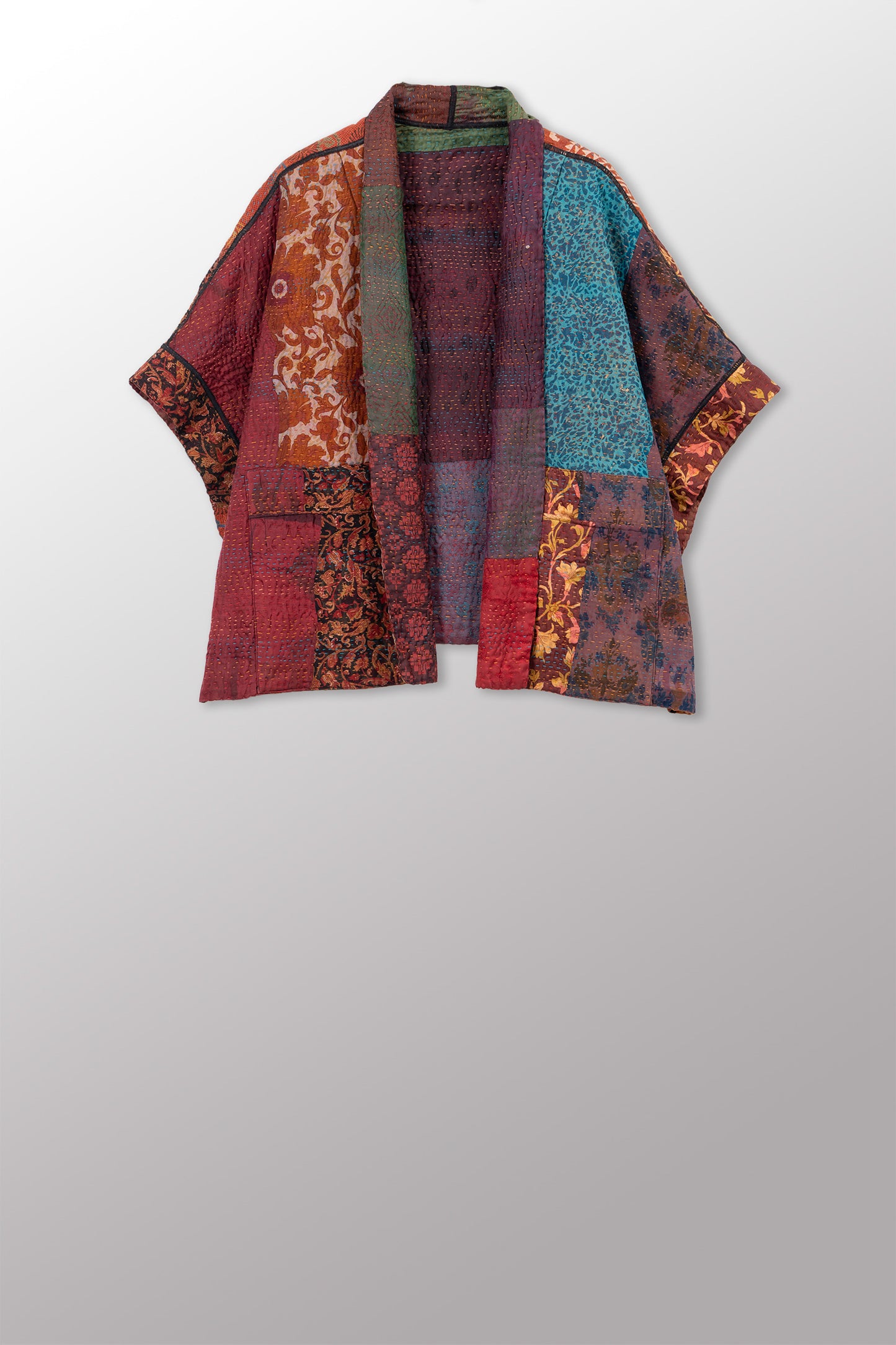JACQUARD SILK KANTHA MINI PONCHO - js4060-cbrn002a -