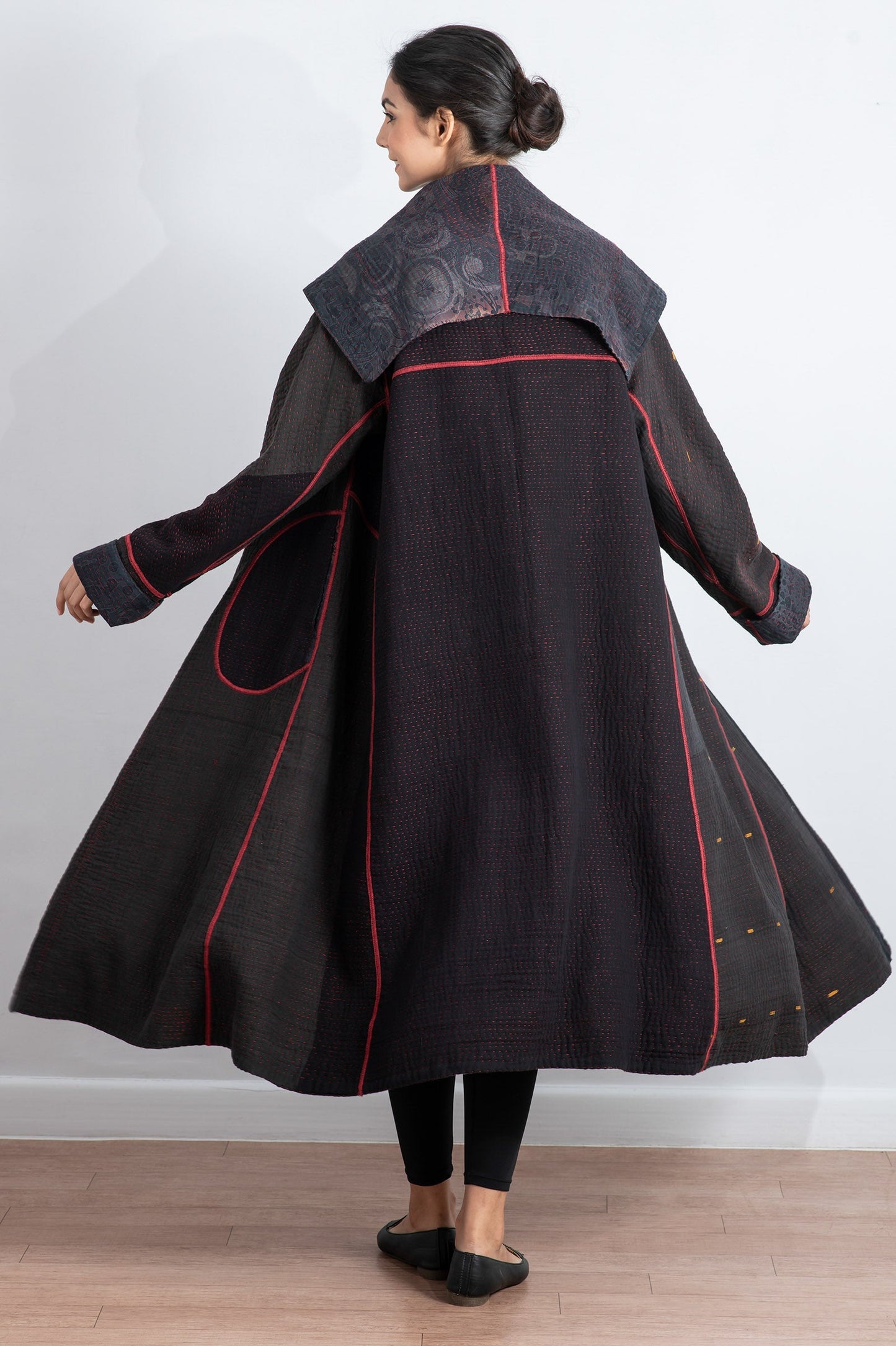 MONOTONE TWILIGHT PRINT KANTHA A-LINE LONG COAT - tp4302-red -
