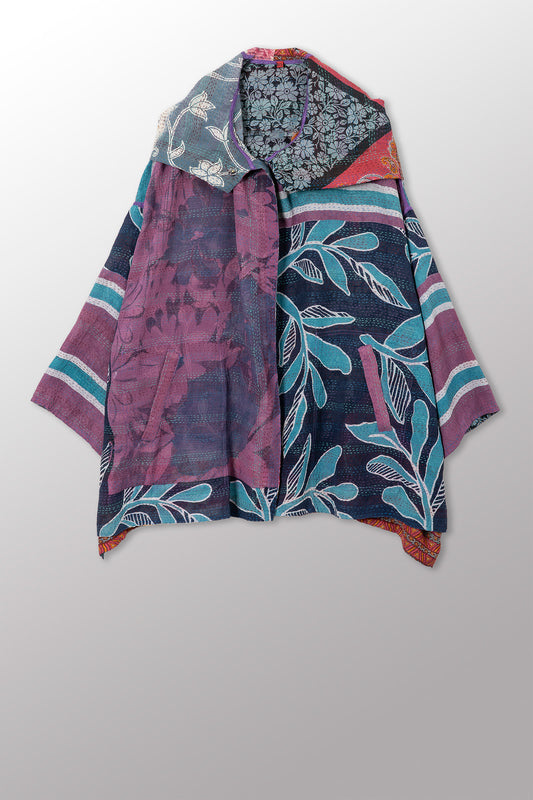 VINTAGE SILK GEORGETTE COTTON KANTHA HOODIE PONCHO - gc2064-0003a -