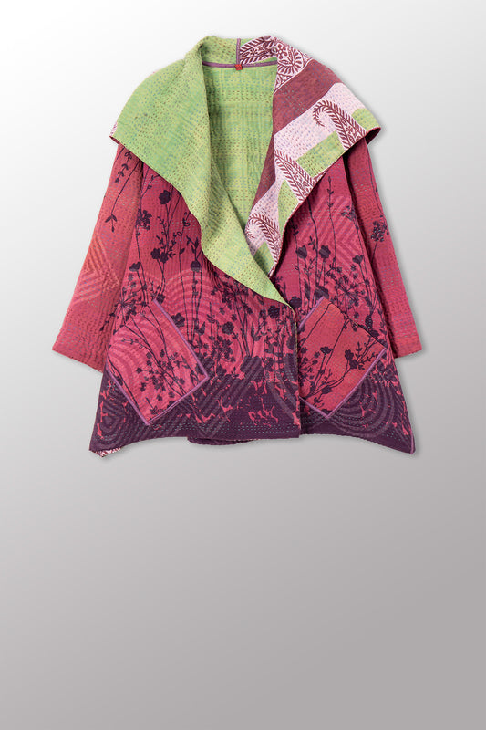 VINTAGE SILK GEORGETTE COTTON KANTHA FLARE JACKET - gc4010-0002a -