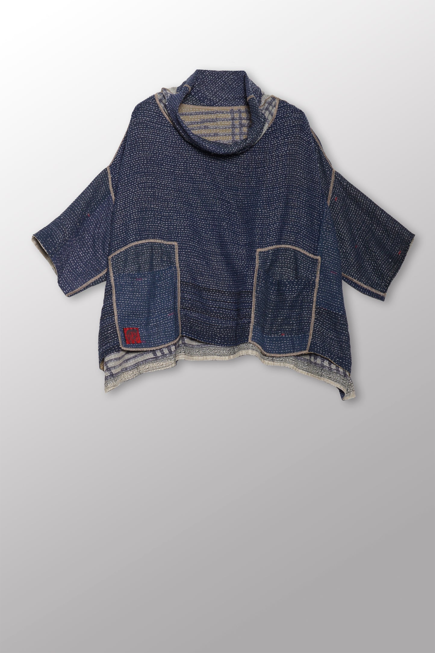 INDONESIAN PRINT VINTAGE INDIGO BACKING KANTHA COWL NECK PONCHO - bi2061-blu -