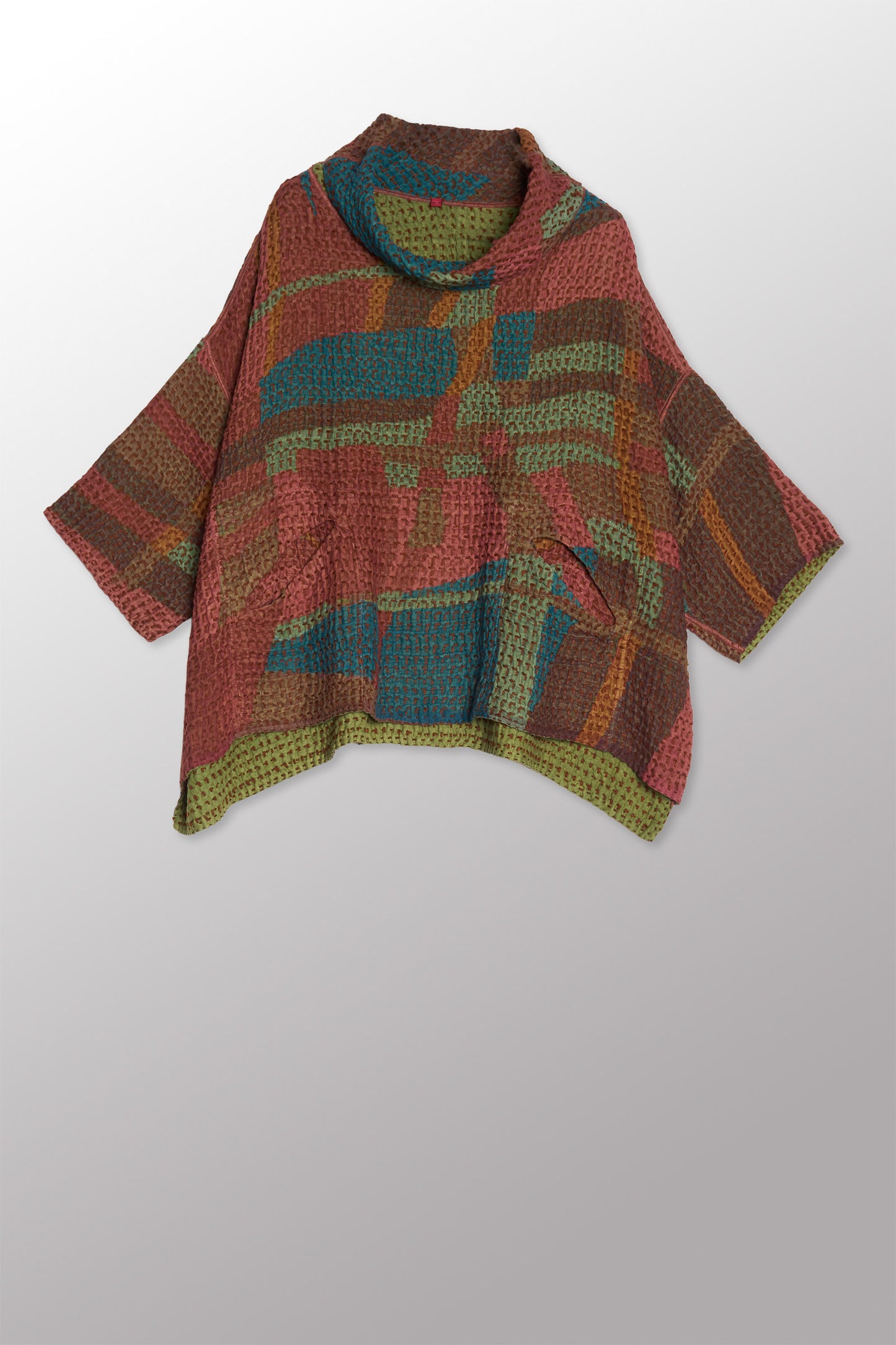 ABSTRACT WAFFLE KANTHA COWL NECK PONCHO - bw3061-red -