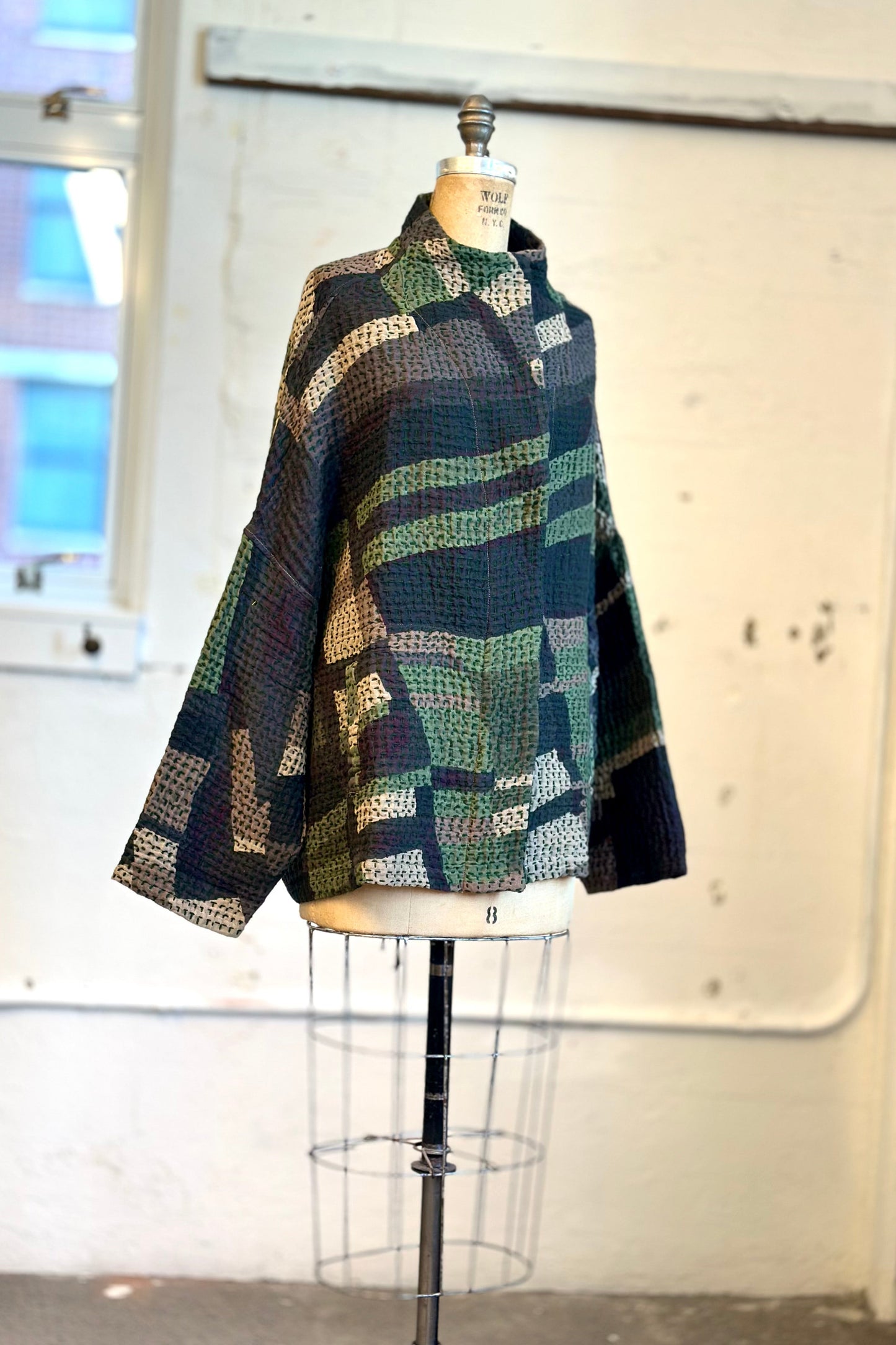 ABSTRACT WAFFLE KANTHA FUNNEL NECK JACKET - bw3j102-grn -